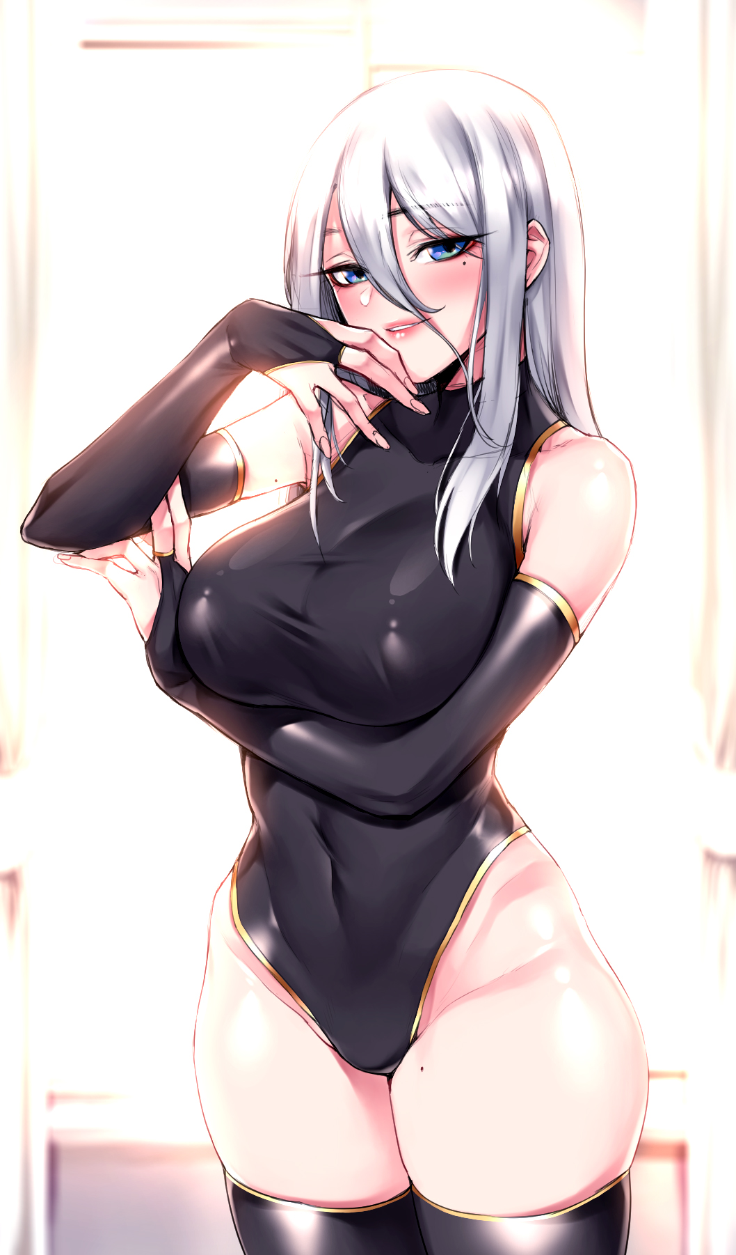1girls, akchu, big breasts, blush, breasts, cleavage, female, female only, large breasts, leotard, looking at viewer, solo, thighhighs