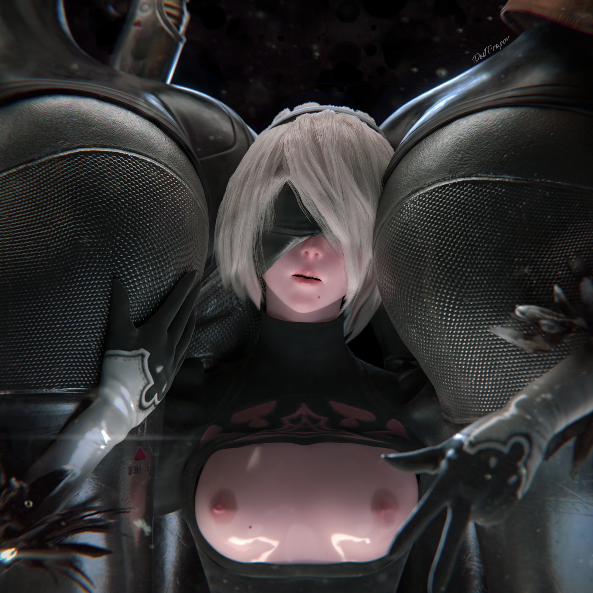 3d, 3girls, areolae, ass, ass focus, ass grab, ass worship, atomic heart, breasts, crossover, dedprapor, female, huge ass, left (atomic heart), mole, nier (series), nier: automata, right (atomic heart), robot girl, the twins (atomic heart), yorha 2b, yuri