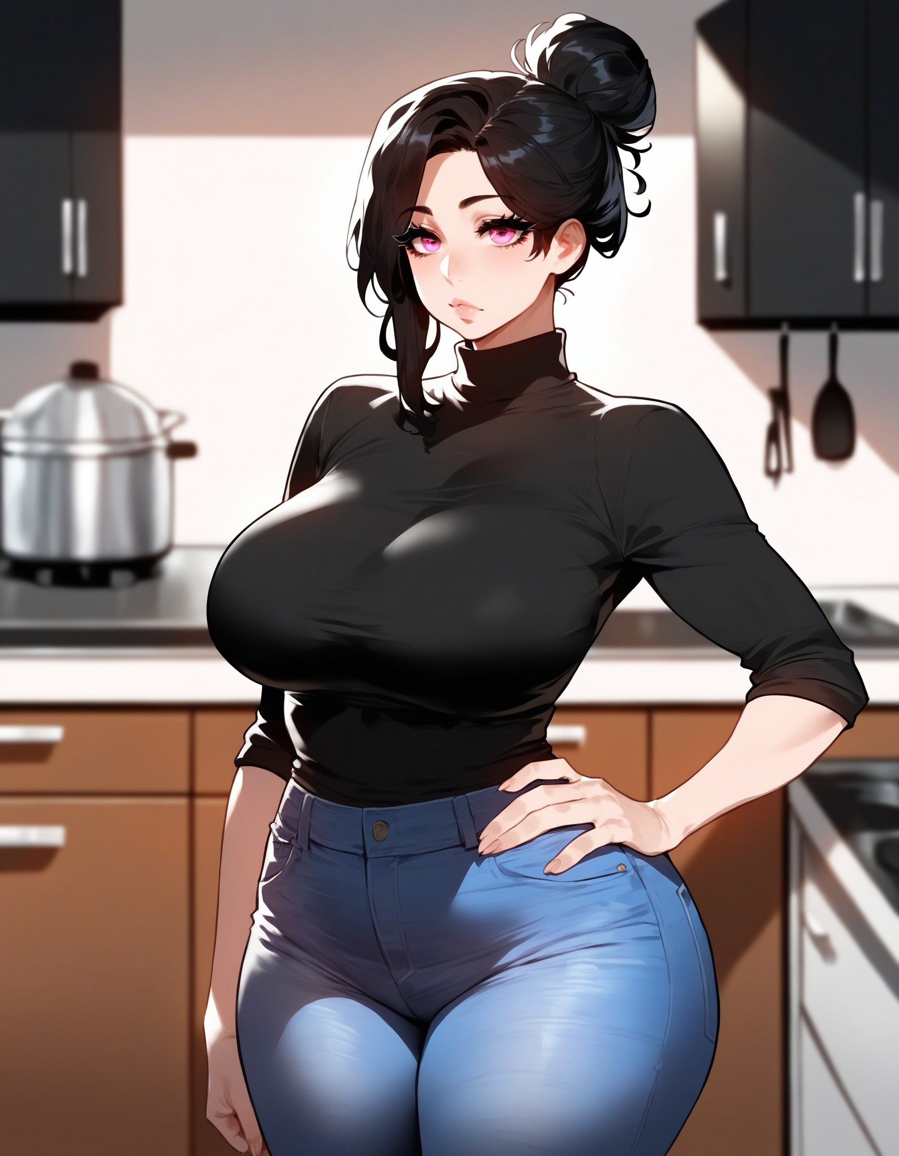 1girls, ai generated, asian, asian female, big breasts, black hair, breasts, curvaceous, curvy, curvy female, curvy figure, female, hair bun, large breasts, light-skinned female, long hair, mature female, messy, messy hair, milf, mommy, mommy kink, olie's mom (xandr), pink eyes, stray pubic hair, submissive, submissive female, thick, thick ass, thick thighs, xandr