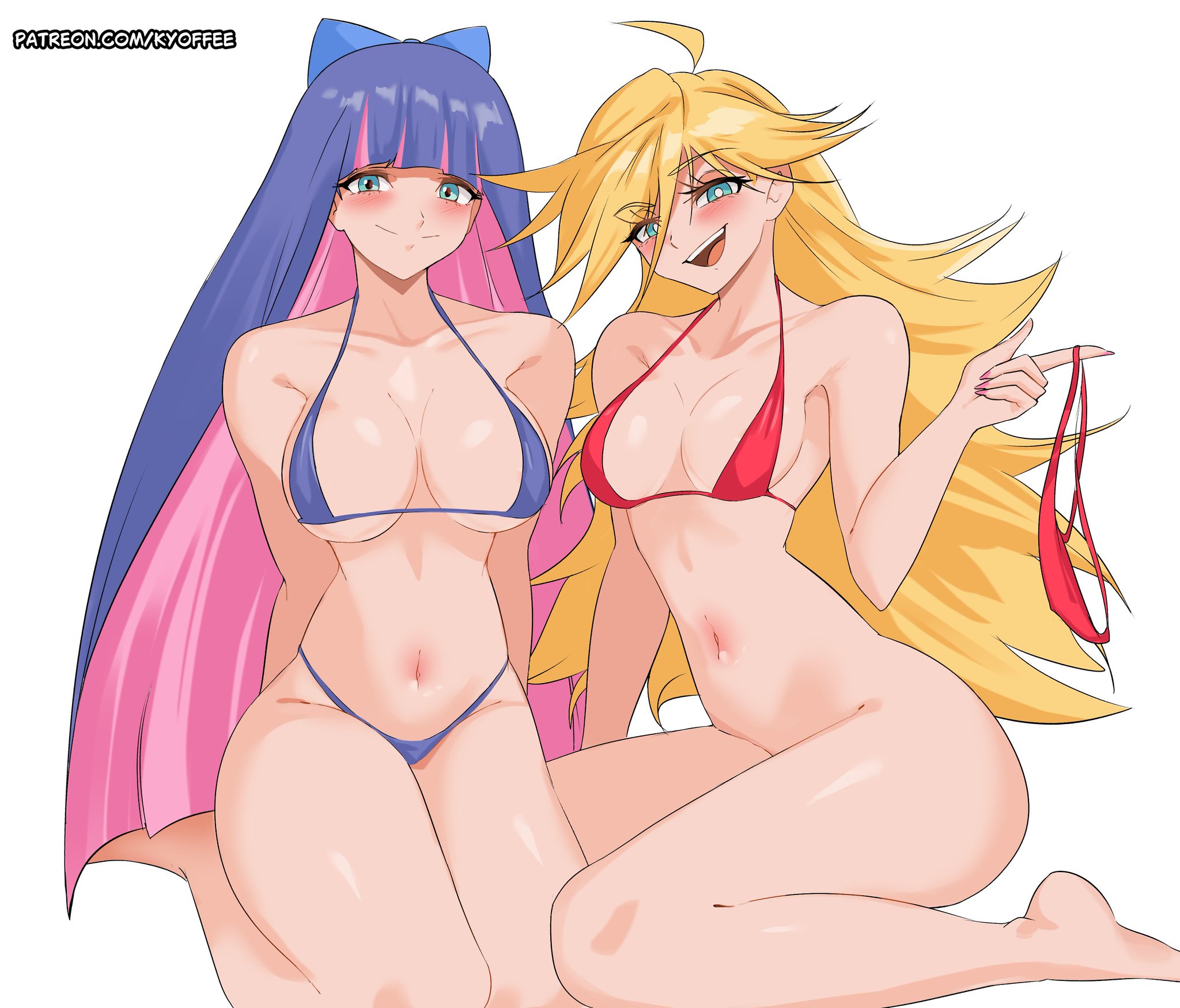 2girls, big breasts, bikini, bikini bottom, bikini bottom removed, blonde hair, blue bikini, blush, bottomless, breasts, cleavage, colored inner hair, female, female only, hair, holding panties, kyocallscats, large breasts, long hair, looking at viewer, milkytwinkers, multicolored hair, navel, panty & stocking with garterbelt, panty anarchy, red bikini, seiza, smile, stocking anarchy, thick thighs, thighs, two-tone hair