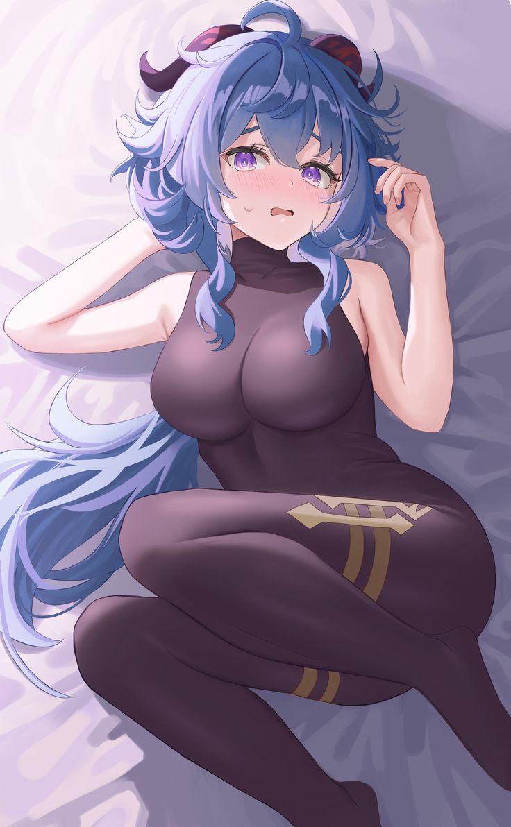 black bodysuit, blue hair, blush, bodysuit, breasts, cameltoe, female, ganyu, ganyu (genshin impact), genshin impact, horns, large breasts, lying on bed, pantyhose, purple eyes, qilin, solo, thighhighs