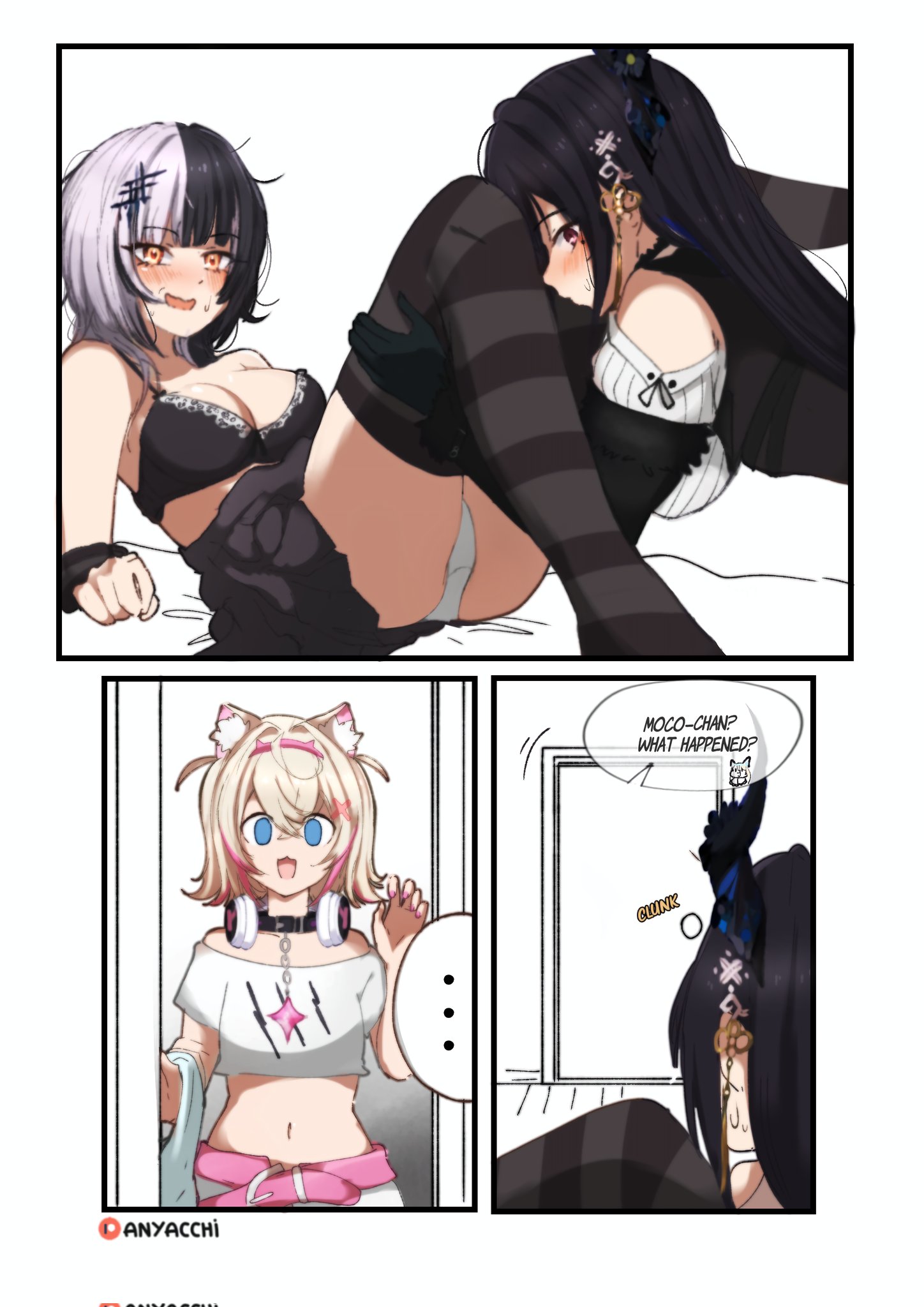 3girls, animal ear fluff, animal ears, anyacchi, asymmetrical horns, bare shoulders, black choker, black hair, blonde hair, blue eyes, bra, breasts, caught, choker, cleavage, colored inner hair, dog ears, dog girl, english text, female, grey hair, hair ornament, highres, hololive, hololive english, hololive english -advent-, horns, long hair, medium breasts, mococo abyssgard, multicolored hair, multiple females, multiple girls, nerissa ravencroft, open mouth, panties, parody, shiori novella, small breasts, split-color hair, streaked hair, two-tone hair, underwear, uneven horns, virtual youtuber, walk-in, yellow eyes, yuri