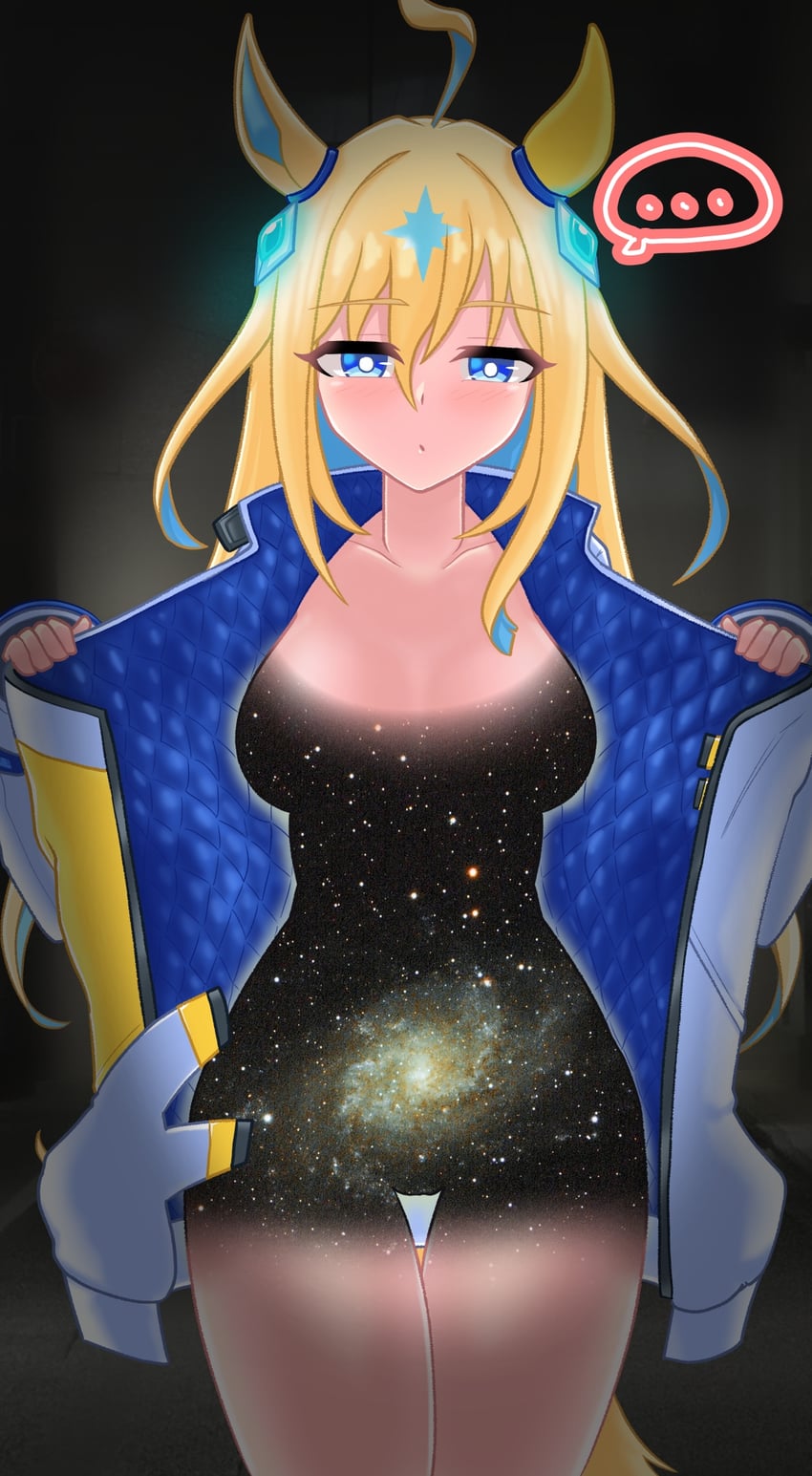 ... ahoge animal_ears blue_eyes blush breasts coat collarbone expressionless female hair_between_eyes hair_ornament highres horse_ears horse_girl jacket long_hair long_sleeves multicolored_hair naked_jacket neo_universe_(umamusume) pov simple_background solo space two-tone_hair umamusume umamusume_pretty_derby