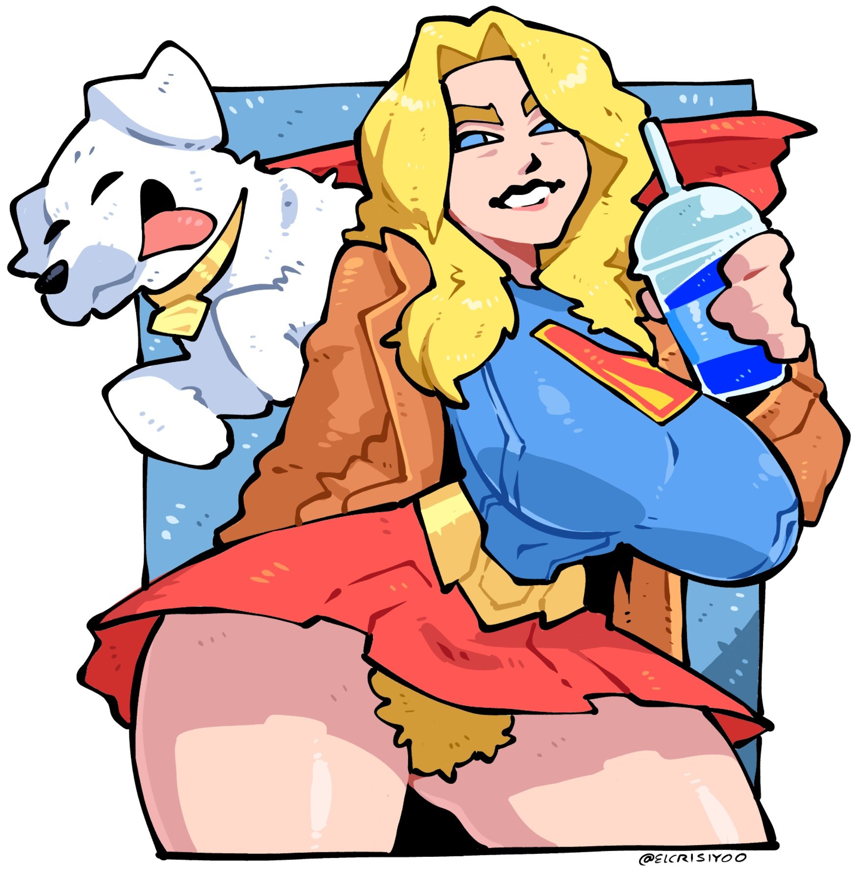 big ass, big breasts, big butt, big thighs, big titties, breasts, bush, canid, canine, canis, clothing, crisiyotron, curvaceous, curvaceous female, curvaceous figure, curvy, curvy figure, curvy hips, dc, dc comics, dcu, domestic dog, elcrisiyoo, female, female focus, female only, going commando, hairy pussy, kara zor-el, krypto, long hair, miniskirt, no panties, pubic hair, pussy, signature, supergirl, supergirl (dcu), superman (2025), superman (series), text, trenchcoat, upskirt, vagina, wide hips, yellow hair
