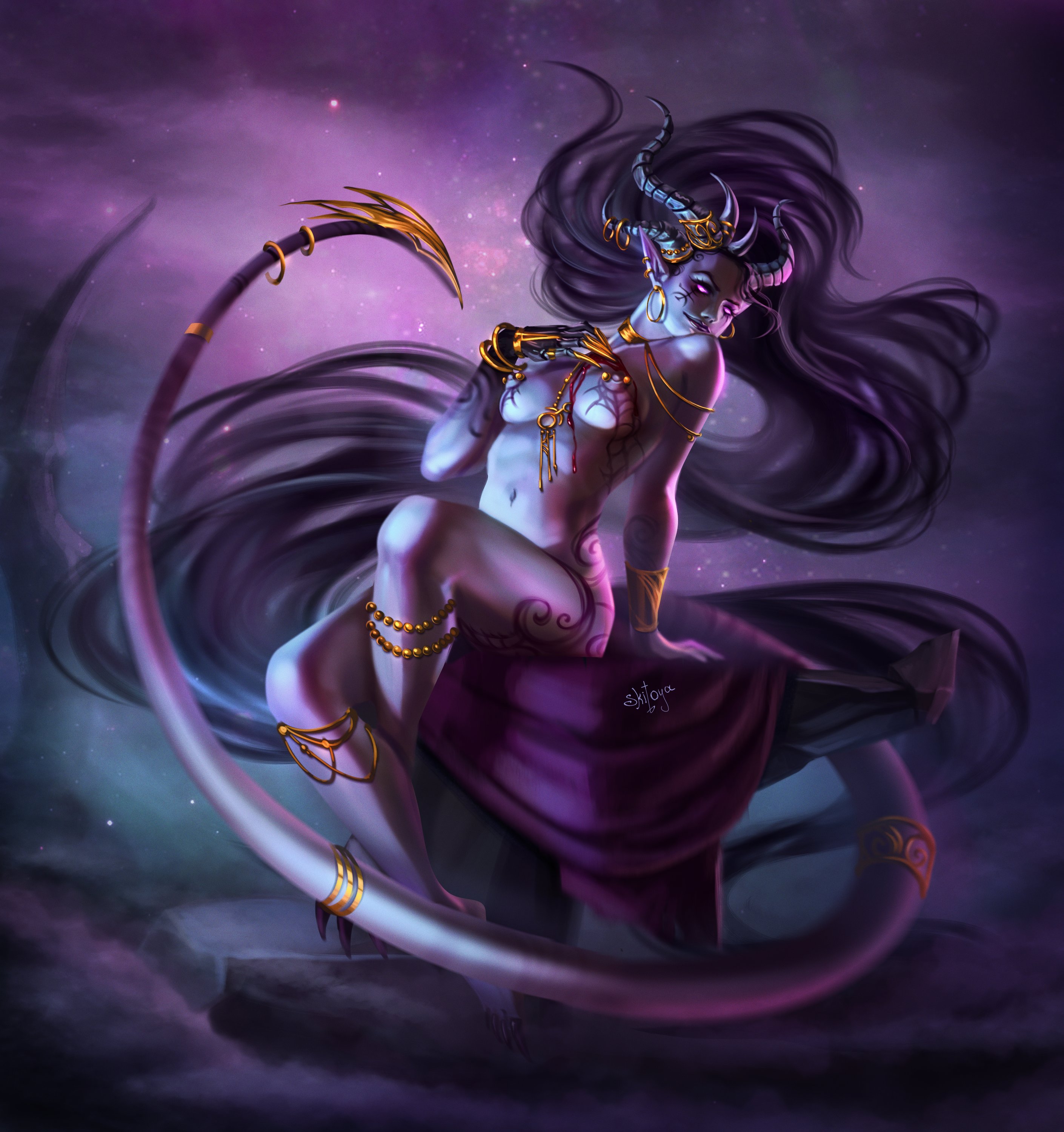 1girls, alluring, black hair, chaos (warhammer), daemon, daemon girl, daemonette, demon, female, gold (metal), gold jewelry, horn, horns, long hair, nipple piercing, pierced ears, pierced nipples, piercing, piercings, purple body, purple skin, sitting, skitoya, slaanesh, spiked tail, tail, tail jewelry, tattoo, tattoos, violet eyes, warhammer (franchise)