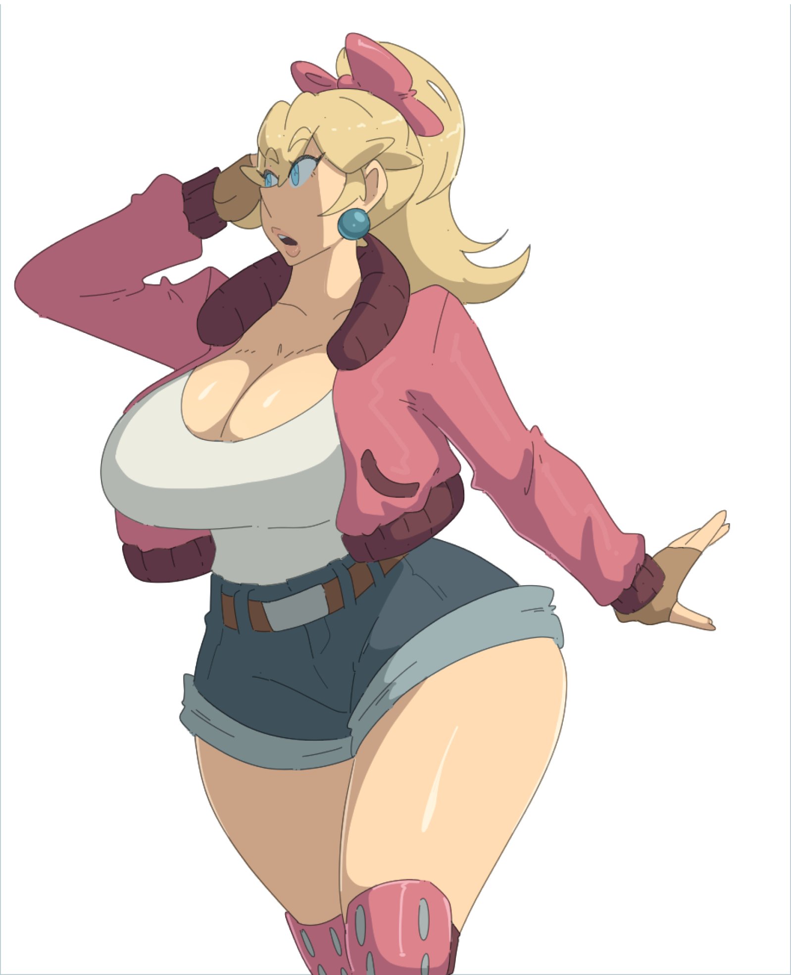 1girls, alternate costume, blonde hair, blue earrings, blue eyes, breasts, cleavage, denim, denim shorts, earrings, female, large breasts, leedraw11, mario (series), mario kart, mario kart world, nintendo, official alternate costume, ponytail, princess peach, princess peach (touring), shorts, simple background, solo, solo female, solo focus, white background