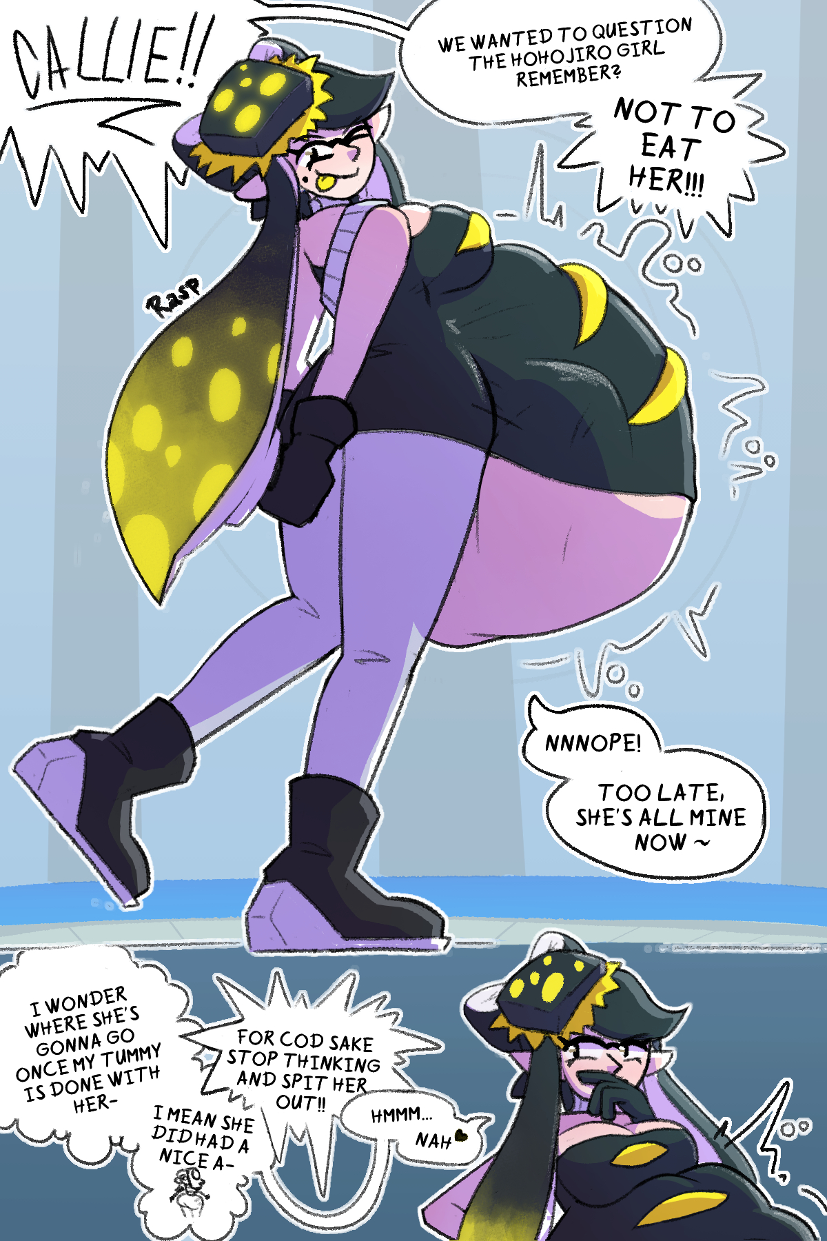 1girls, 2d, artist name, callie (alterna), callie (splatoon), color, colored, deep cut (splatoon), dialogue, english text, female, inkling, octoling, prey outline, same size vore, shiver (splatoon), shiver hohojiro, splatoon, splatoon (series), splatoon 3, splatoon 3: return of the mammalians, squid sisters, text, text bubble, twitter link, vore, vore belly, vore comic, winking at viewer