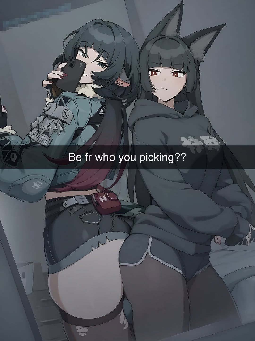 2girls, ai assisted, ai generated, animal ears, black footwear, black hair, black hoodie, black necktie, black pantyhose, black thighhighs, bright pupils, closed mouth, female, grey jacket, highres, hood, hoodie, hoshimi miyabi, jacket, jane doe (zenless zone zero), long hair, looking at mirror, mirror, mouse girl, multiple females, multiple girls, necktie, pantyhose, phone, sidillusts, thighhighs, thighs, torn clothes, torn pantyhose, torn thighhighs, very long hair, zenless zone zero