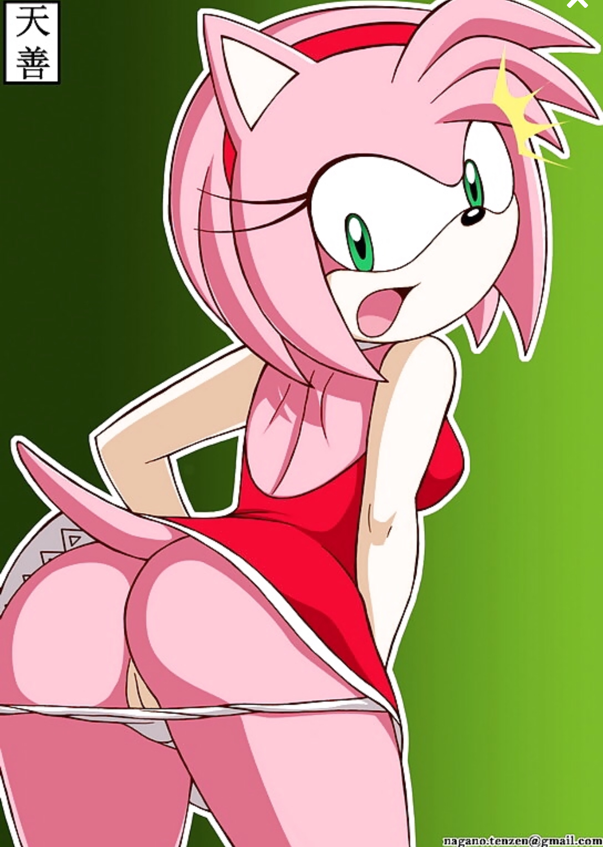 1girls, amy rose, ass, ass crack, ass up, bent over, butt crack, dress, female, female only, green eyes, hairband, headband, looking at ass, looking at butt, looking back, panties, pink fur, pink hair, pussy, sonic (series), tail, tenzen, vagina