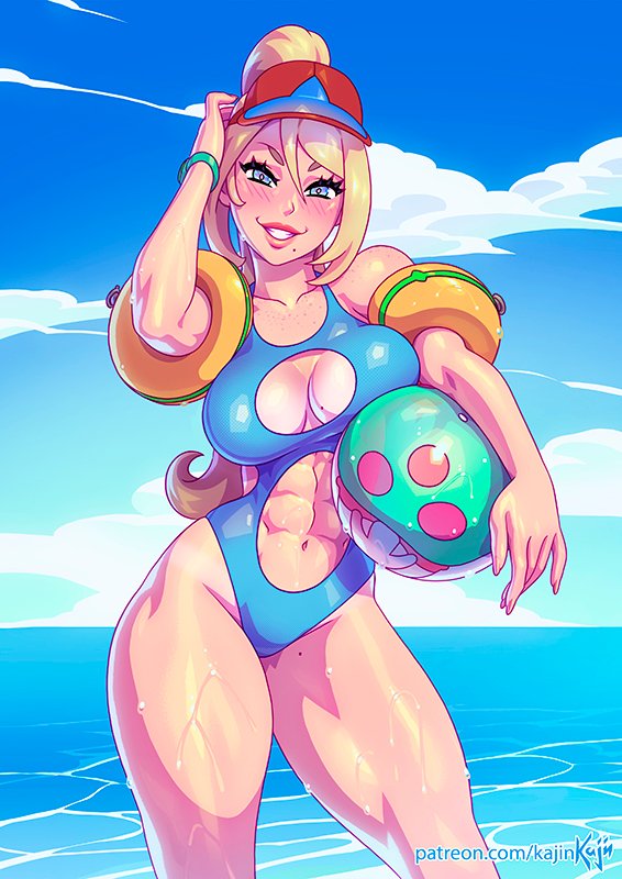 1girls, abs, big breasts, blonde hair, blue eyes, breasts, cleavage, female, female only, kajinman, large breasts, looking at viewer, metroid, mole on breast, mole under mouth, navel, nintendo, one-piece swimsuit, samus aran, smiling at viewer, solo, swimsuit