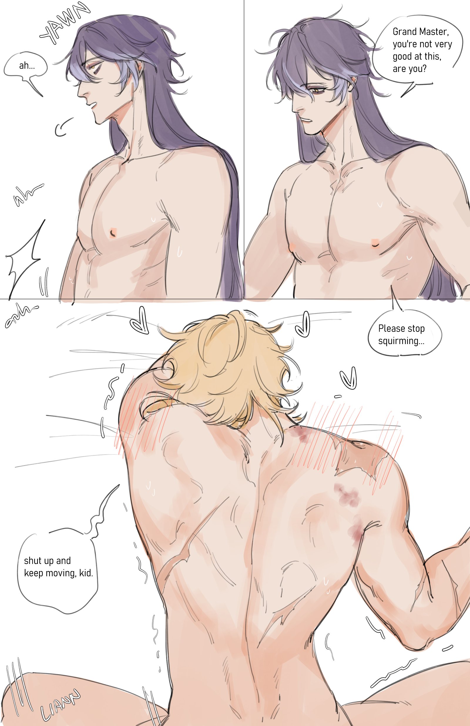 2boys, artist request, backshots, blonde hair, blue eyes, covering face, english text, flins (genshin impact), gay, gay male, gay sex, genshin impact, hoyoverse, long hair, male, male only, purple hair, scars, small dom big sub, varka (genshin impact), yaoi, yellow eyes