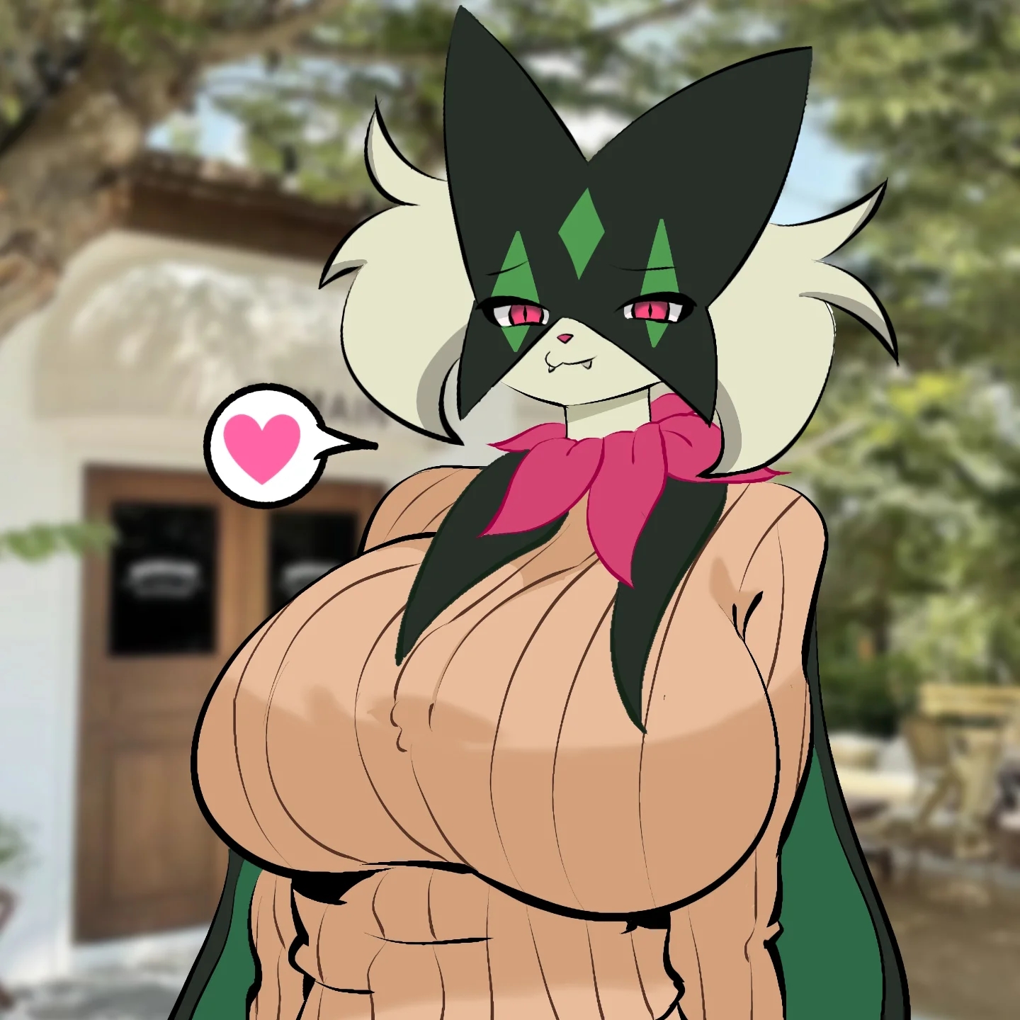 1:1, 2025, anthro, anthrofied, big breasts, breasts, clothed, clothing, digital media (artwork), evaacii, fangs, felid, feline, felis, female, fur, generation 9 pokemon, green body, green fur, heart symbol, hi res, huge breasts, looking at viewer, mammal, mask, meowscarada, nintendo, pokemon, pokemon (species), pokemorph, red eyes, smile, solo, sweater, teeth, topwear, wearing mask
