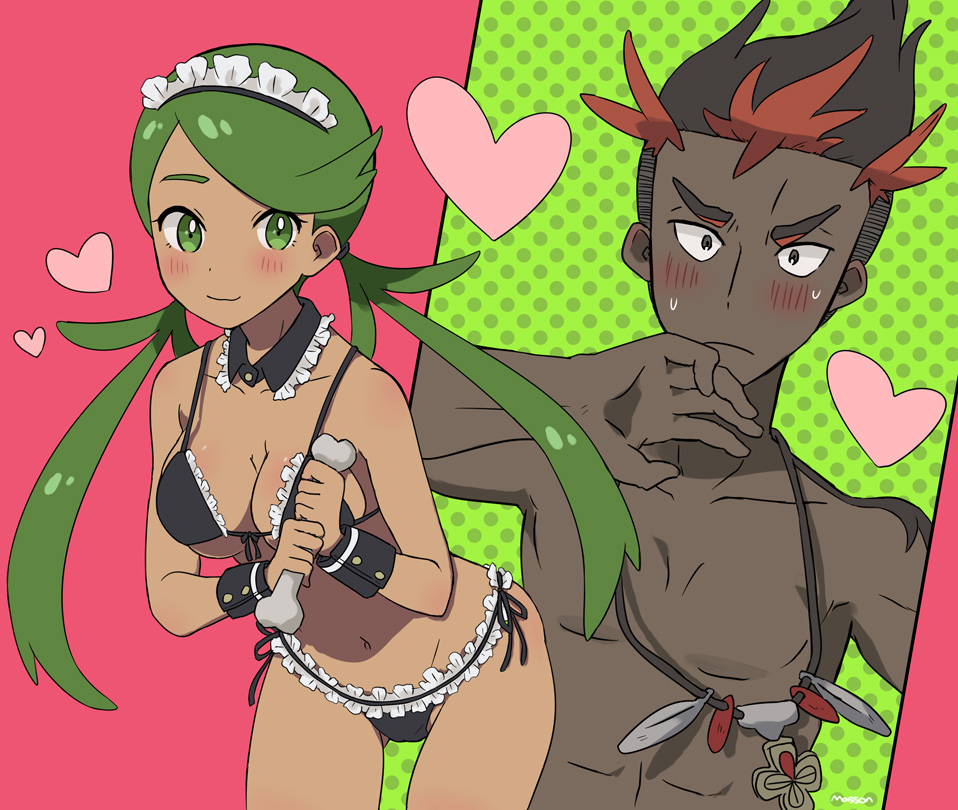 1boy, 1girls, bikini, blush, bone, breasts, choker, closed mouth, collarbone, dark skin, dark-skinned female, dark-skinned male, female, green eyes, green hair, heart, hip bones, holding, holding bone, jewelry, kiawe (pokemon), maid, maid bikini, maid headdress, male, mallow (pokemon), masso n, navel, necklace, nintendo, pokemon, pokemon sm, side-tie bikini bottom, sweat, swimsuit, topless male, trial captain, twintails, unconventional maid, wristband
