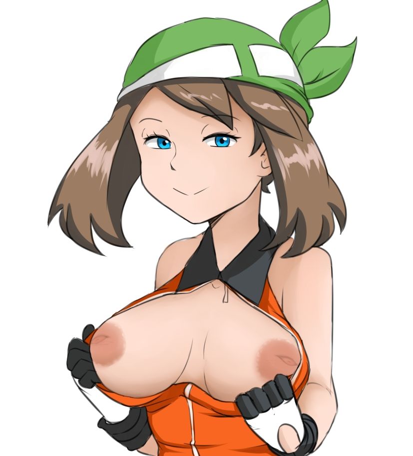1girls, alternate breast size, areolae, bandana, big breasts, blue eyes, breasts, brown hair, clothed, clothing, eye contact, eyebrows visible through hair, eyelashes, female, female only, flashing, gloves, half-closed eyes, human, human only, inverted nipples, kerchief, looking at viewer, may (pokemon emerald), may (pokemon), nintendo, nipples, no bra, open clothes, open shirt, orange shirt, partially clothed, pokemon, pokemon rse, presenting, presenting breasts, reach025, seductive, seductive smile, sexually suggestive, shiny hair, sleeveless, sleeveless shirt, smile, smiling, solo, source request, undressing, upper body, video game, video games, white background