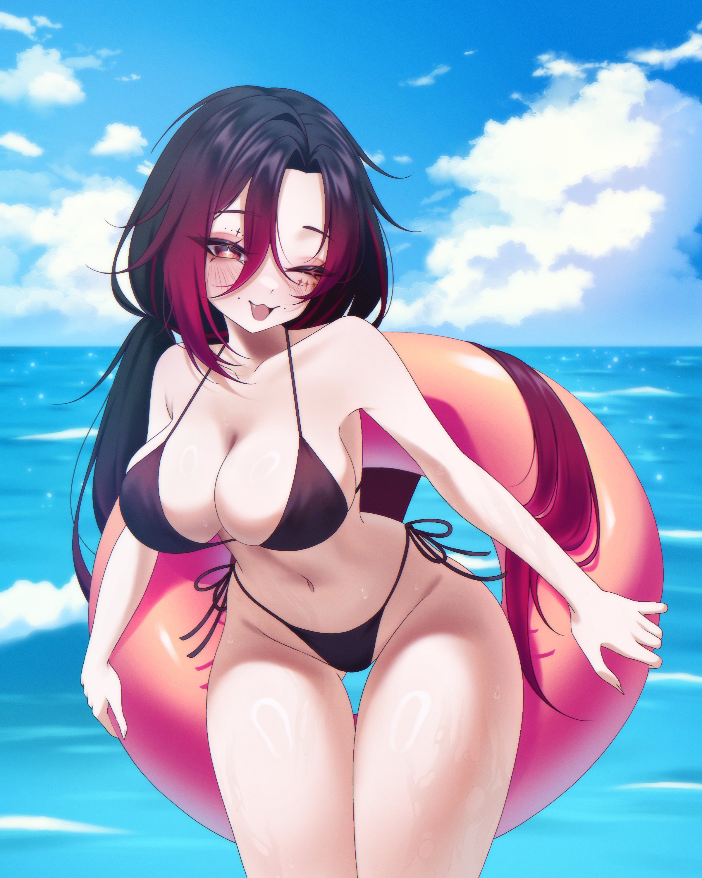 beach, big breasts, bikini, blush, breasts, female, indie virtual youtuber, long hair, looking at viewer, low ponytail, mykora, one eye closed, ponytail, smile, swimsuit, thick thighs, virtual youtuber, vtuberfanart, water, wide hips, wink, winking at viewer