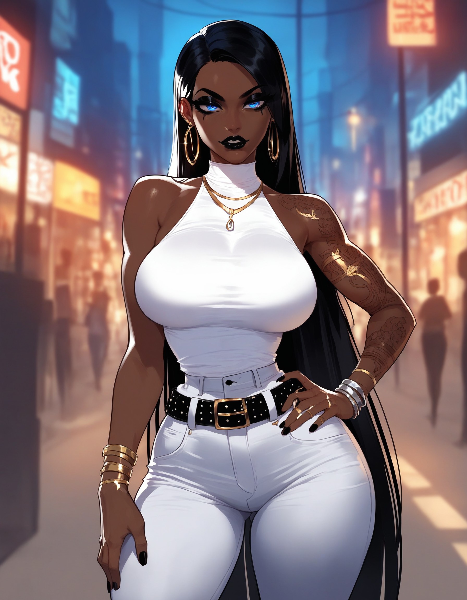 1girls, ai generated, bare shoulders, big breasts, bitch, black hair, black lips, black lipstick, black mascara, blue eyes, breasts, curvy, curvy figure, dark-skinned female, dominant, dominant female, earrings, eyelashes, eyeshadow, female, fit, fit female, goth, goth girl, gothic, jamila (xandr), large breasts, long hair, makeup, mature female, milf, pants, queen, sexy, straight hair, street, taller female, tatoos, tattoo, thick ass, thick thighs, thight clothing, turtleneck, very dark-skinned female, very long hair, xandr
