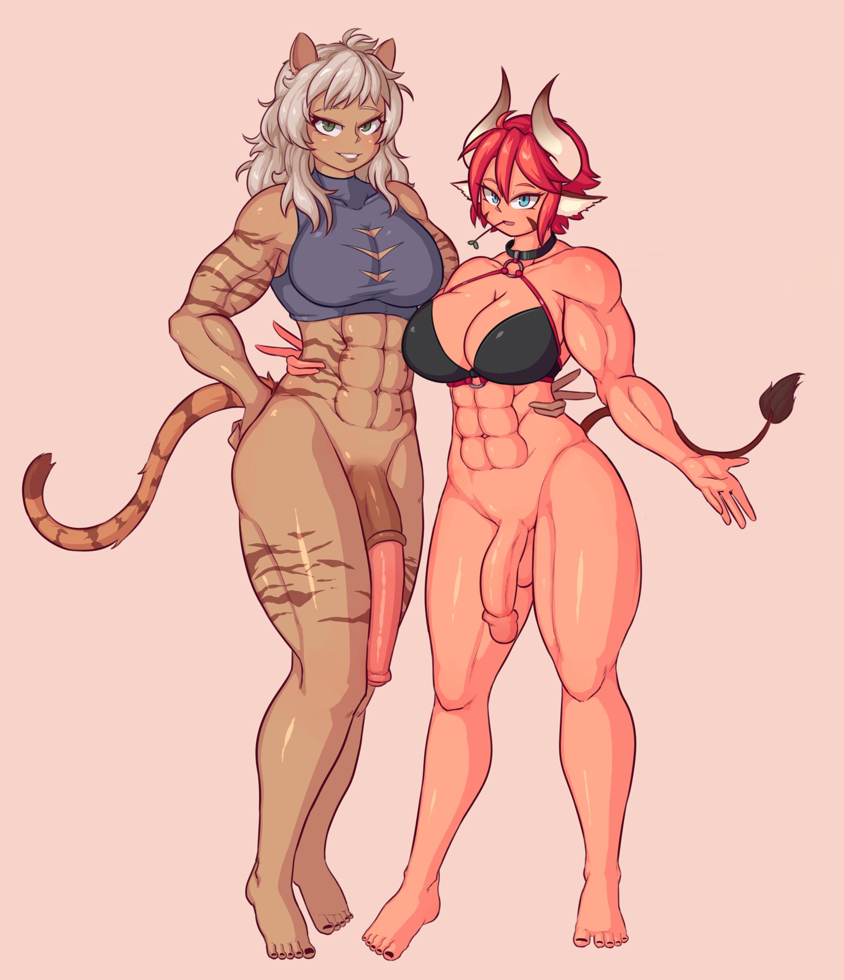 2futas, abs, animal genitalia, animal genitalia on humanoid, animal penis, armpits, balls, barefoot, big breasts, big penis, bottomless, breasts, cleavage, cuchuflin, dickgirl, eye contact, feet, flaccid, futa only, futanari, half-closed eyes, horsecock, horsecock futa, horsecock on humanoid, huge penis, intersex, intersex only, large breasts, long penis, looking at viewer, muscles, muscular, muscular futa, original, original character, penis, penis size difference, pose, sheath, short hair, tail, testicles, thick thighs, toes, wide hips, zertia amurova