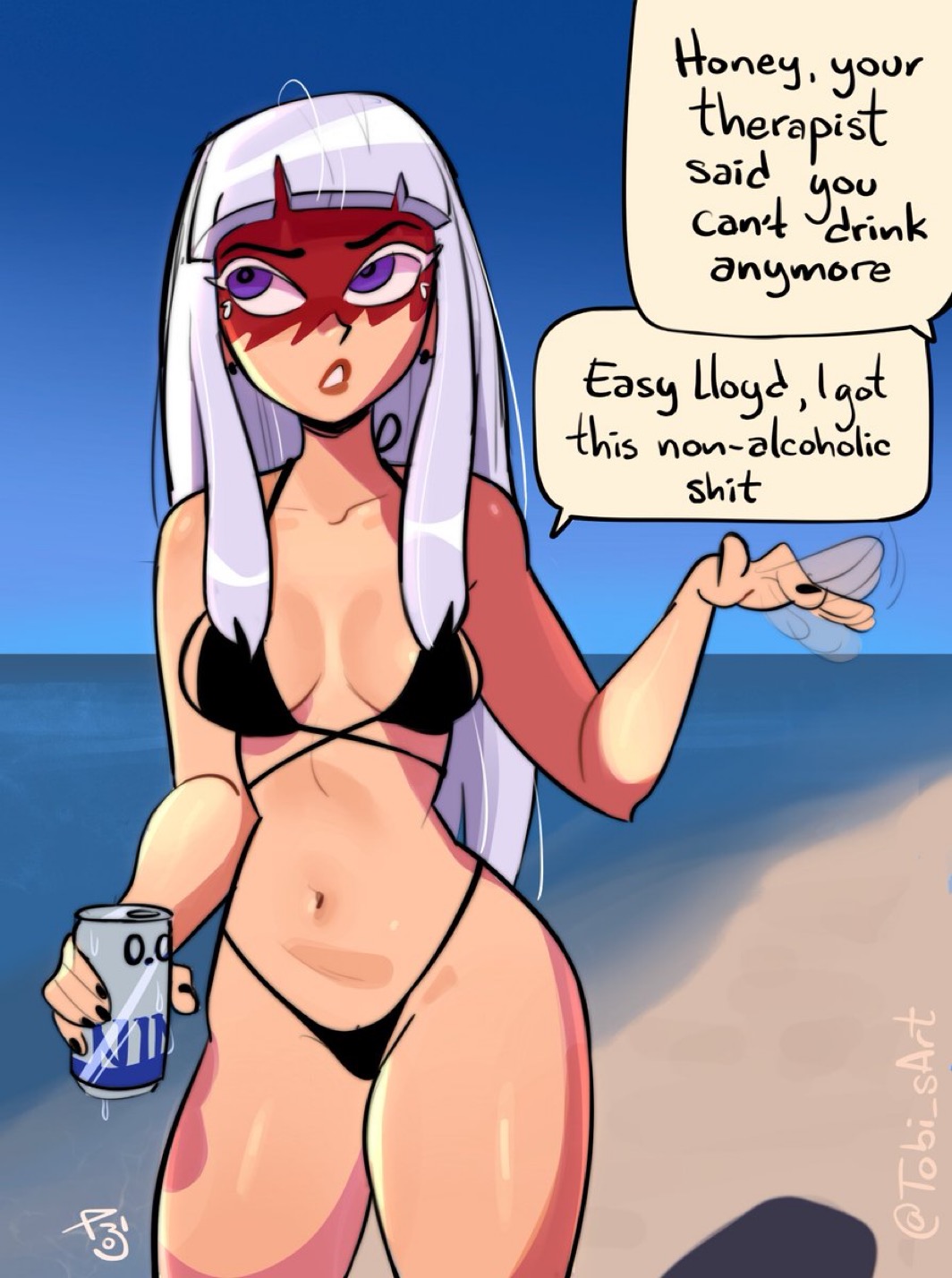 1girls, almost naked, almost nude, beach, bikini, black bikini, comic panel, dialogue, female, harumi (ninjago), lego, ninjago, red markings, sons of garmadon (ninjago), tobiart, tobidashark, white hair