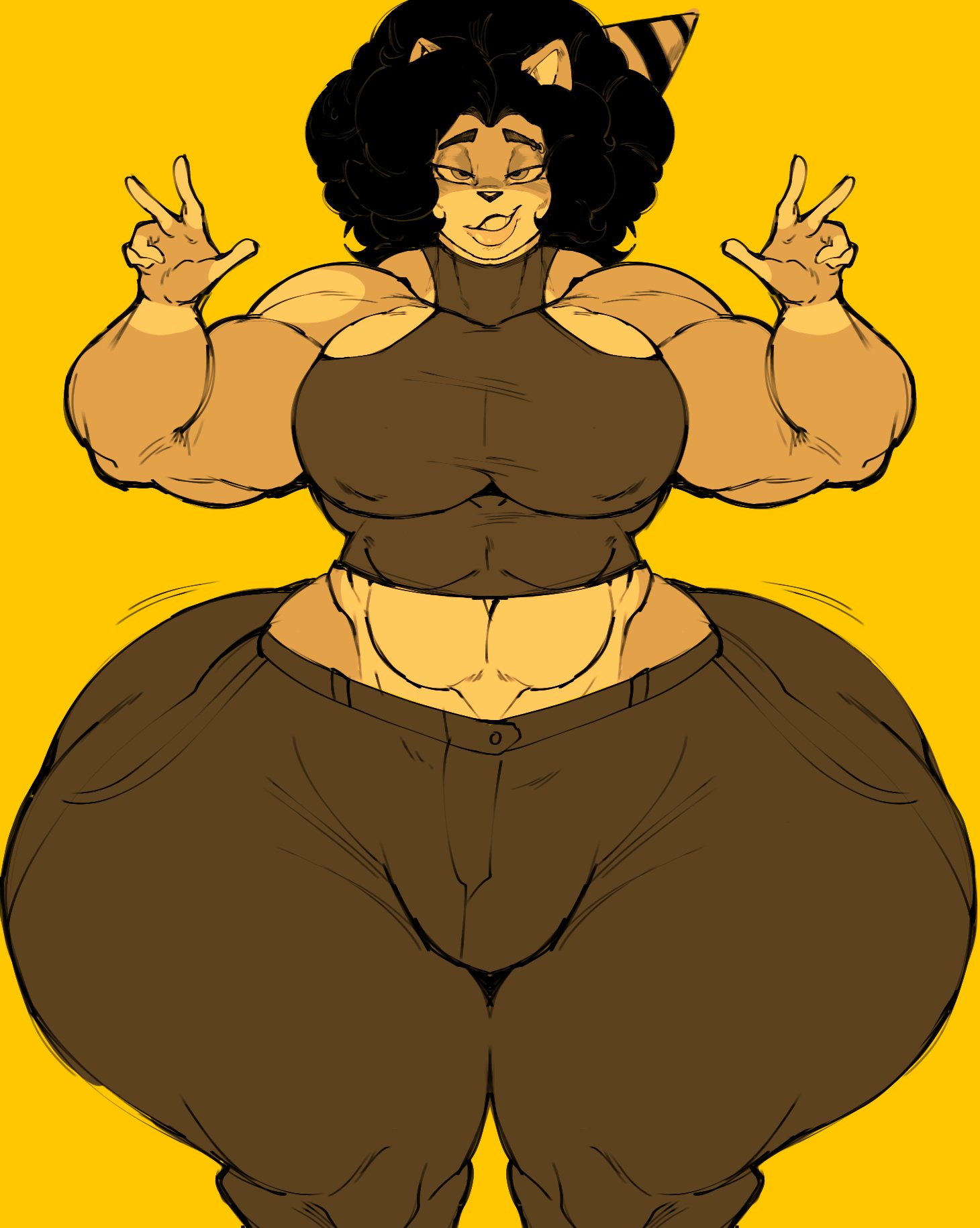 1boy, anthro, ass, big ass, birthday, birthday hat, black hair, bubble butt, bulge, bushy hair, canid, canine, double peace sign, femboy, girly, huge ass, large ass, looking at viewer, male, male only, mammal, muscular, muscular male, peace sign, pegaka (artist), solo, thick thighs, thunder thighs, venus (jacky arts), wide hips