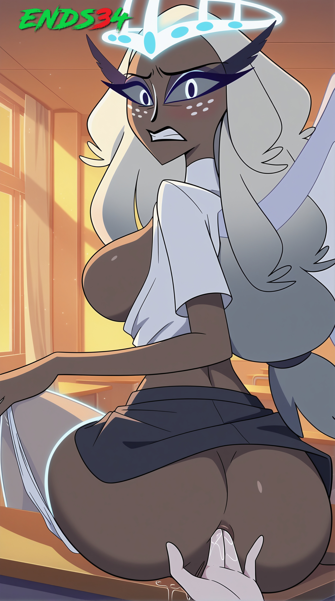 1boy, 1girls, ai generated, ass, big breasts, breasts, dark-skinned female, ends34, female, female focus, fingering ass, hazbin hotel, indoors, long hair, looking at viewer, male, narrow waist, pussy, pussy juice, sera (hazbin hotel), skirt, white hair
