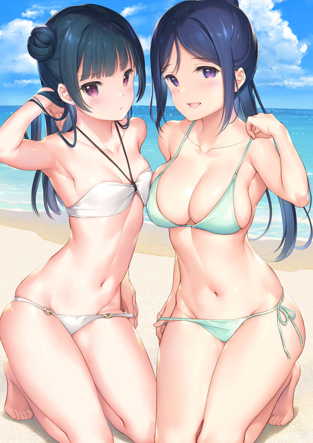 2girls, armpits, arms up, beach, bikini, bikini bottom, bikini bottom pull, bikini pull, bikini top, blue hair, breast press, breast size difference, breasts, detailed background, eyebrows visible through hair, female, female only, flat chest, green bikini, green bikini bottom, green bikini top, hair bun, indigo hair, kneeling, large breasts, love live!, love live! sunshine!!, matsuura kanan, midriff, mignon, purple eyes, side-tie bikini, sideboob, small breasts, symmetrical docking, tsushima yoshiko, violet eyes, white bikini, white bikini bottom, white bikini top