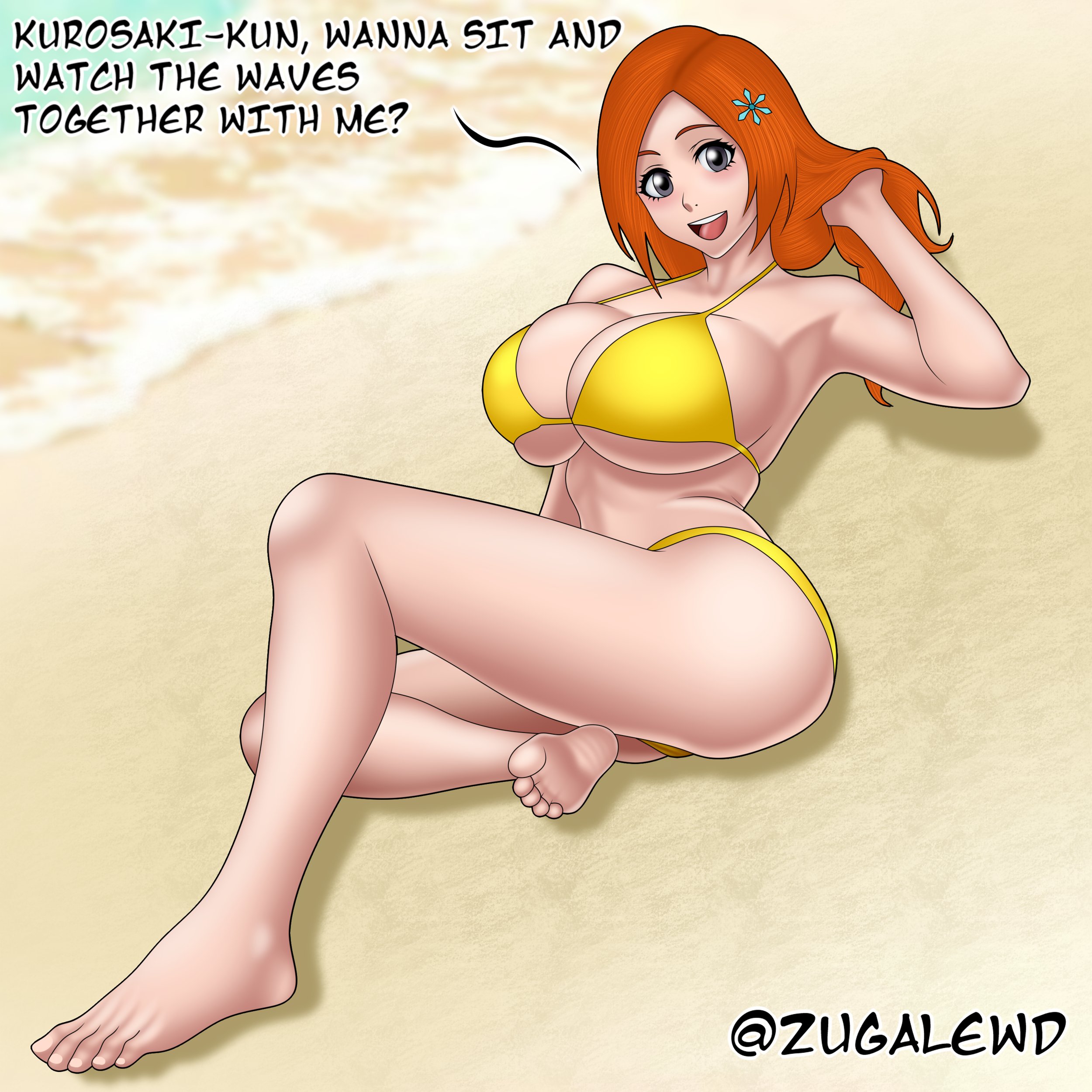 1girls, about to burst, ass, barely contained, barely contained breasts, barely fits, beach, big ass, big breasts, bikini, bleach, breasts, breasts too big, fanart, female, female only, huge breasts, imminent wardrobe malfunction, inoue orihime, large breasts, light-skinned female, pillow shading, red hair, solo, straining clothing, swimsuit, tight bikini, tight fit, tight swimsuit, tight swimwear, too tight, undersized clothes, undersized clothing, zugalewd