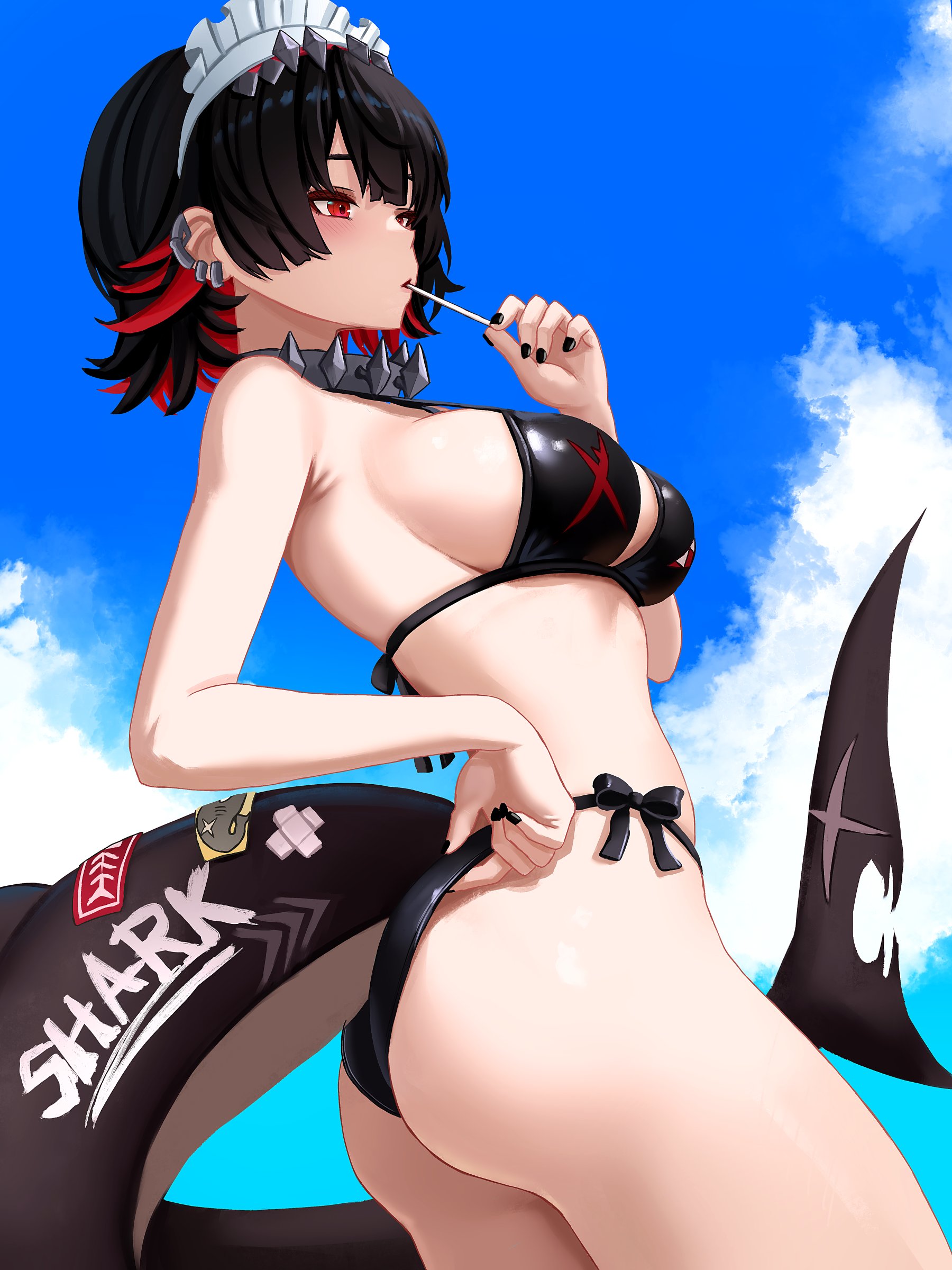 1girls, ass, beach, big ass, big thighs, bikini, black bikini, black hair, blush, breasts, butt, ellen joe, female, food, hairclip, huge ass, huge thighs, lollipop, medium breasts, red eyes, red hair, shark girl, shark tail, sharp teeth, short hair, solo, solo female, swimsuit, tagme, tail, thick thighs, thighs, two-tone hair, water, wet, wet body, yan kodiac, zenless zone zero