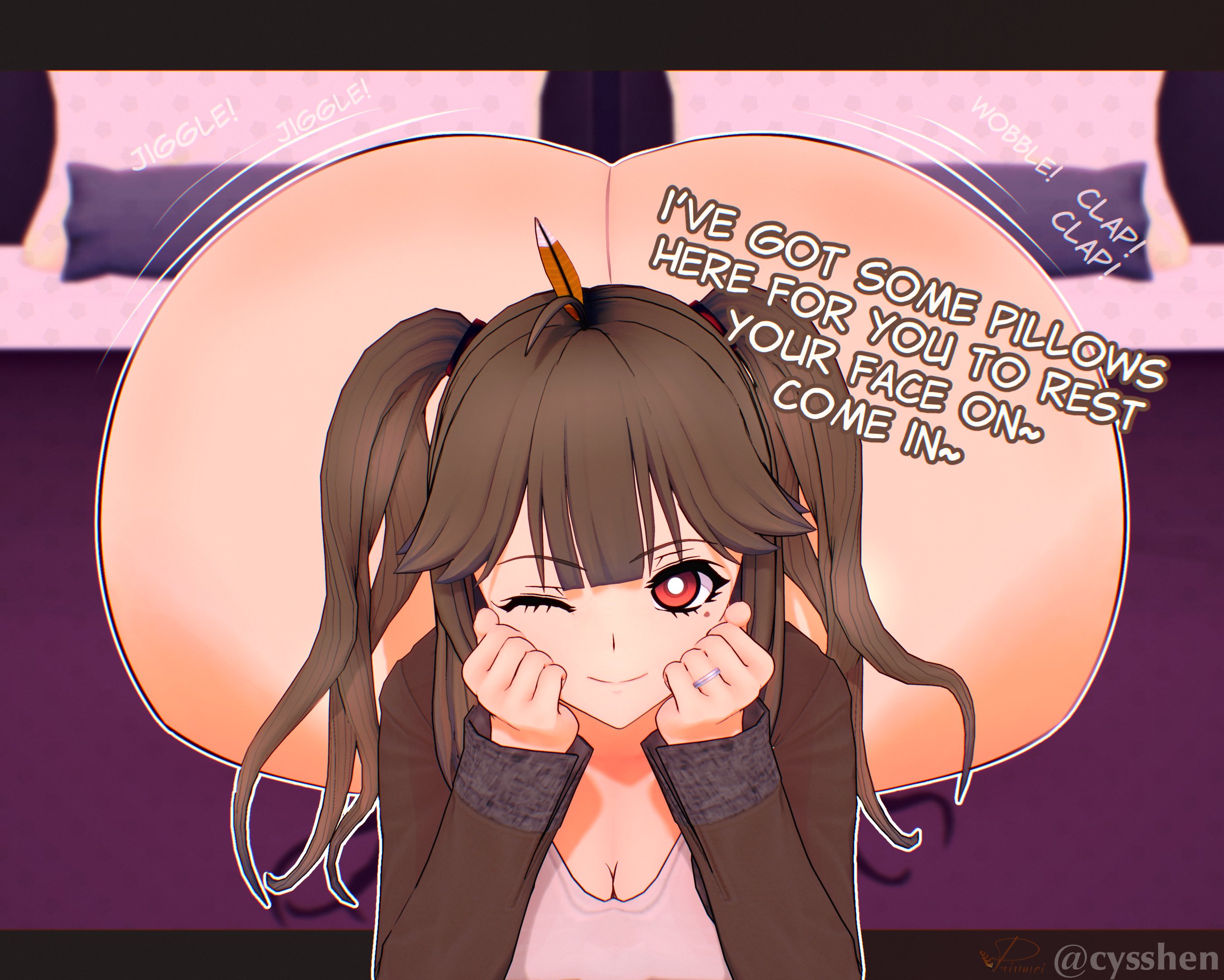 3d, ass, ass focus, big ass, cyshen, front facing with ass, huge ass, hyper ass, looking at viewer, original, original character, prin (prinmei), prinmei, solo, text