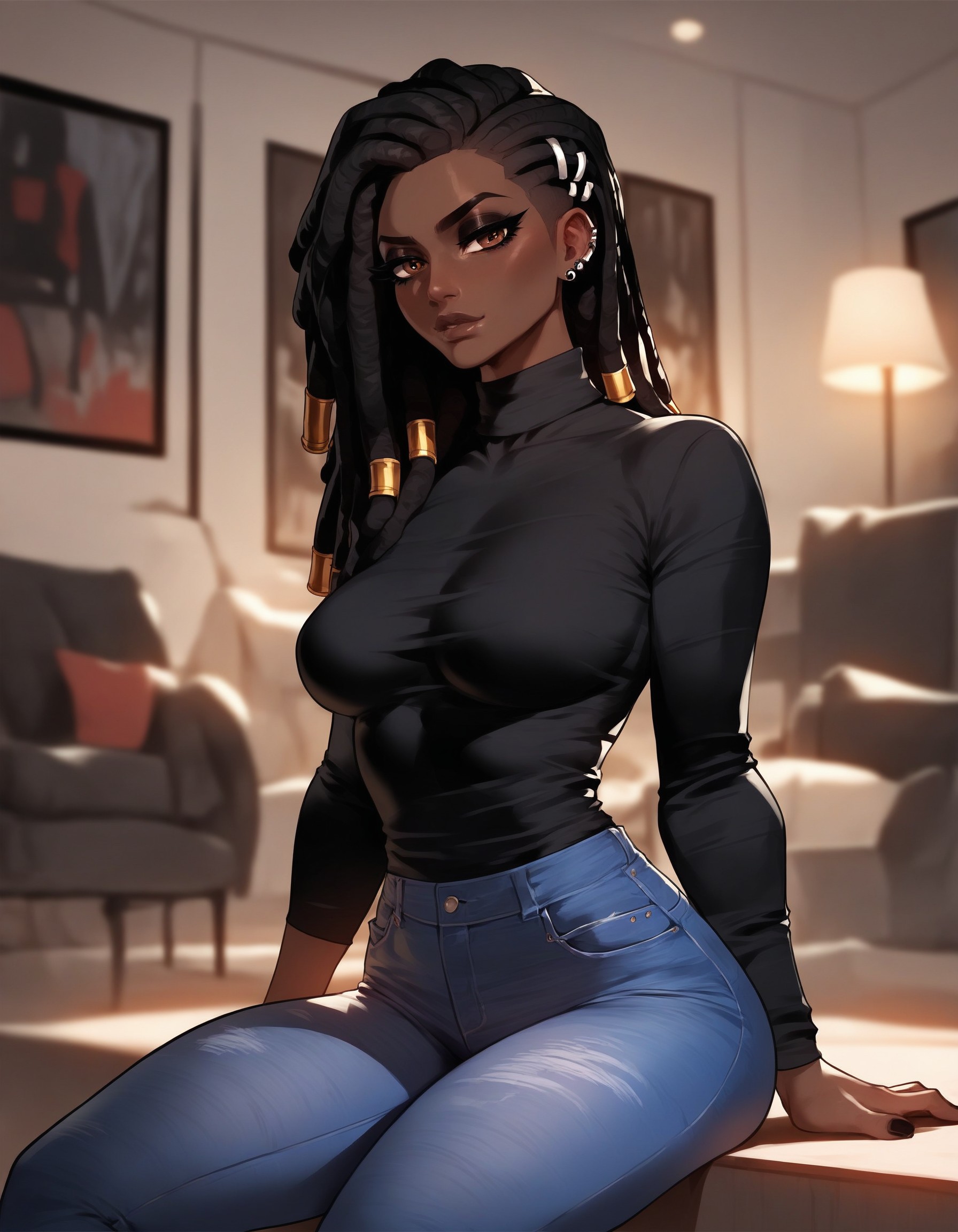 1girls, african female, ai generated, amara (xandr), big ass, big breasts, black hair, breasts, brown eyes, dark-skinned female, dreadlocks, female, long hair, sex, thick thighs, turtleneck, xandr
