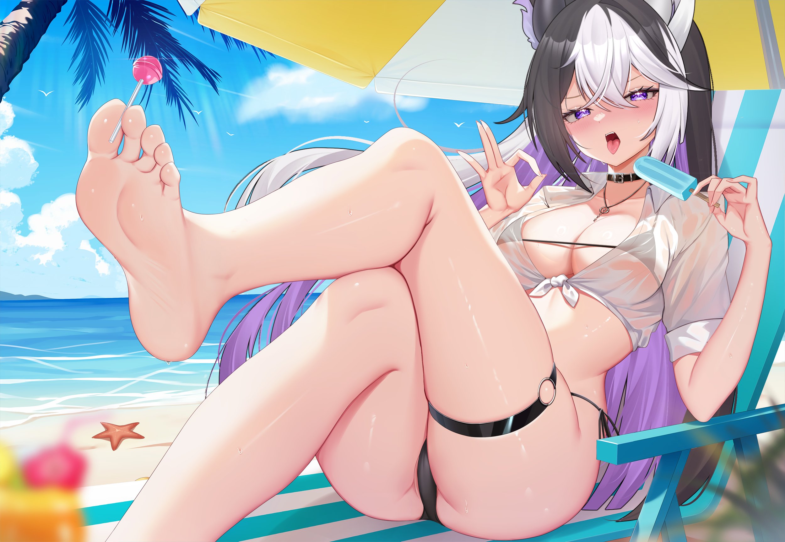 bare legs, barefoot, beach, bikini, breasts, feet, female, foot fetish, holding with feet, indie virtual youtuber, leg ribbon, lollipop, lollipop between toes, medium breasts, soles, swimsuit, toes, virtual youtuber, zaikiai