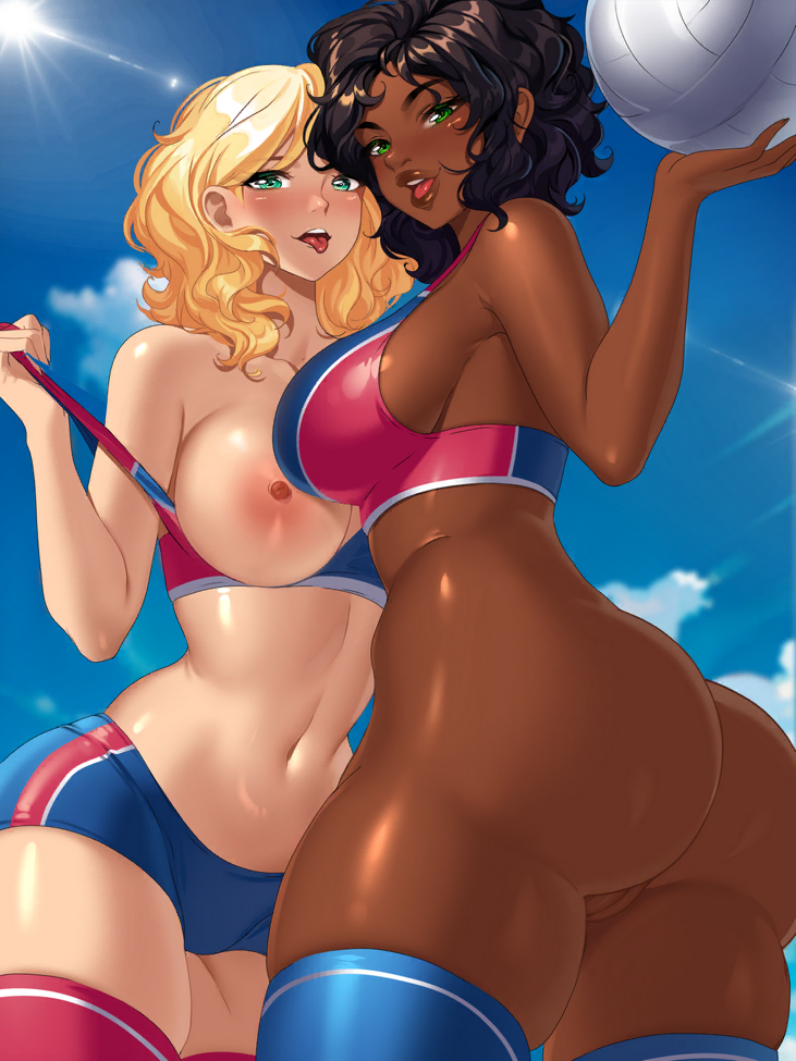 2girls areolae ass belly breasts dark_skin duo female female_focus female_only game_cg heather_(sexy_beaches) light_skin multiple_girls navel nipples nude nude_female nutaku sexy_beaches skylar_(sexy_beaches) sports_bra sportswear tagme volleyball