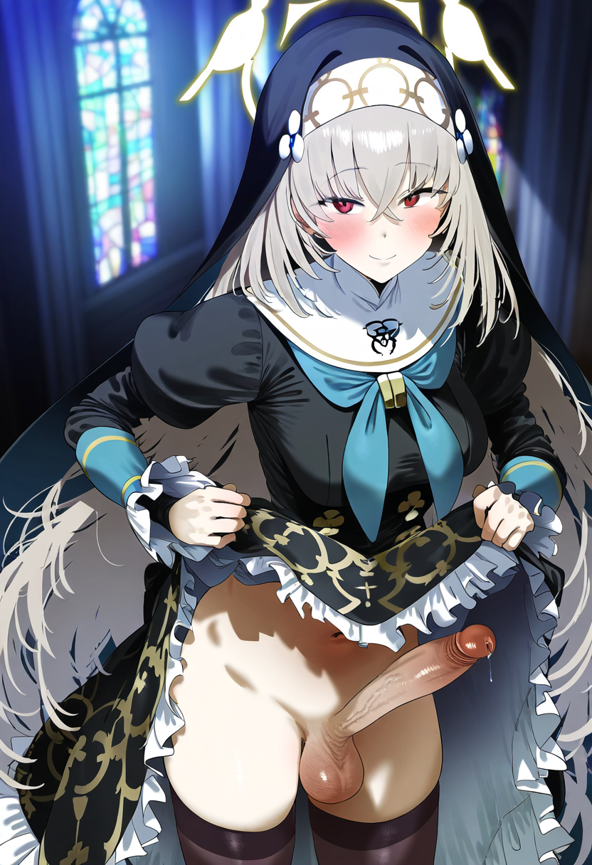 ai_generated black_dress blue_archive church cowboy_shot dress_lift erection futanari gerumusi grey_hair habit hair_between_eyes halo looking_at_viewer medium_breasts navel precum red_eyes sagging_testicles sakurako_(blue_archive) smile standing testicles thighhighs