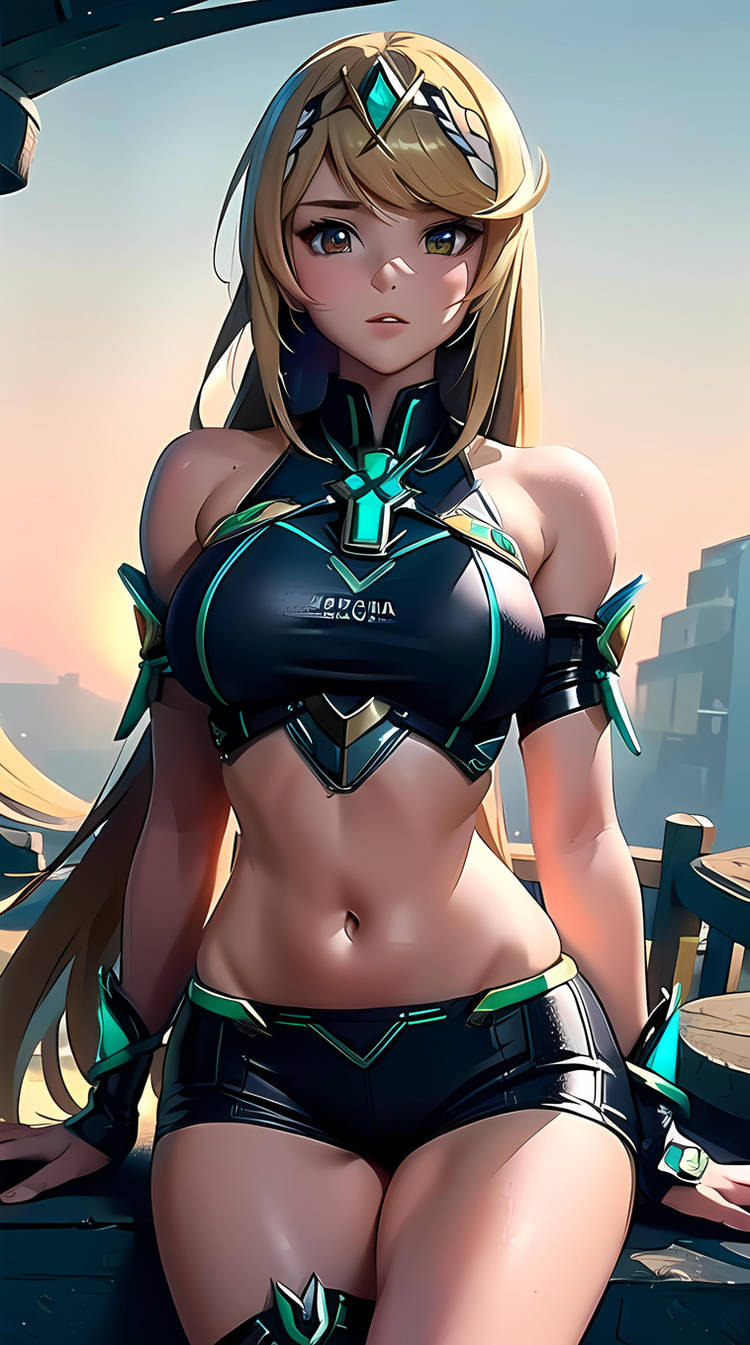 1girls ai_generated armlets black_crop_top black_shorts blonde_hair bracelets breasts core_crystal crop_top large_breasts long_hair looking_at_viewer midriff mythra navel nintendo short_shorts shorts steppenwolfriju thigh_strap tiara xenoblade_(series) xenoblade_chronicles_2 yellow_eyes