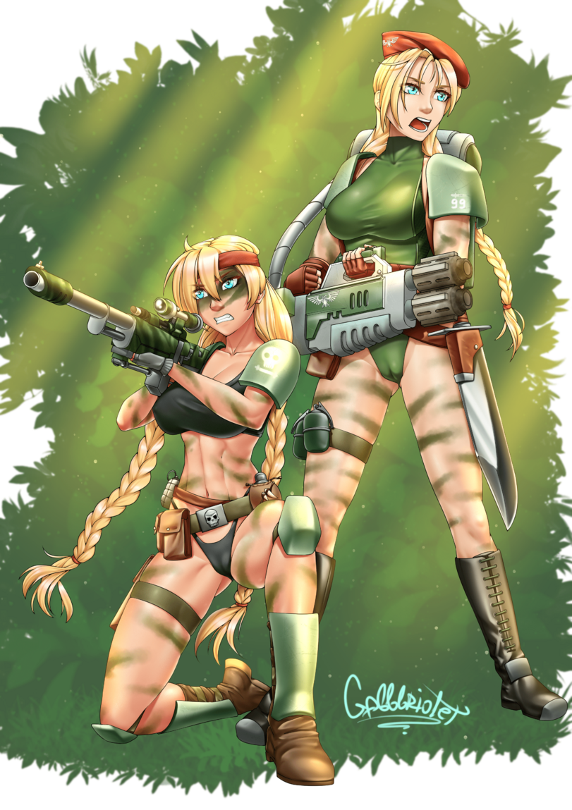 2girls astra_militarum blonde_hair cabbbriolet cammy_white catachan_jungle_fighters clothed crossover everlasting_summer female female_only fully_clothed imperial_guard imperium_of_man leotard slavya-chan slavya_(everlasting_summer) street_fighter warhammer_(franchise) warhammer_40k