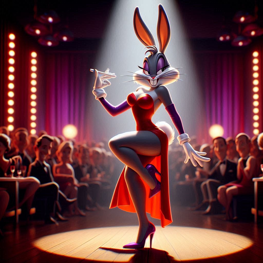 after_transformation ai_generated bugs_bunny cocktail_dress genderswap_(mtf) high_heels looney_tunes nightclub rule_63