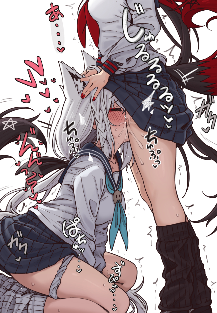 2girls animal_ears black_skirt black_socks blue_necktie blush braid breasts closed_eyes commentary cunnilingus dual_persona fox_ears fox_girl fox_tail head_out_of_frame highres hololive hololive_gamers hololive_gen_1 hololive_japan japanese_text kurokami_fubuki loose_socks medium_breasts multiple_girls nail_polish necktie oral pentagram pussy_juice pussy_juice_on_face school_uniform shirakami_fubuki shiroi_yoru simple_background single_braid skirt socks tail trembling virtual_youtuber white_background white_hair yuri