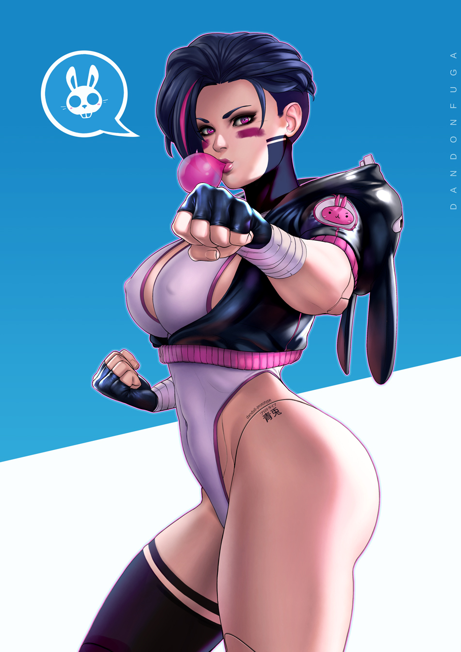 1girls, android, breasts, cleavage, dandon fuga, elena (dandon fuga), female, female only, leotard, looking at viewer, nipple bulge, nipples, original, original character, pinup, robot girl, solo, thighhighs