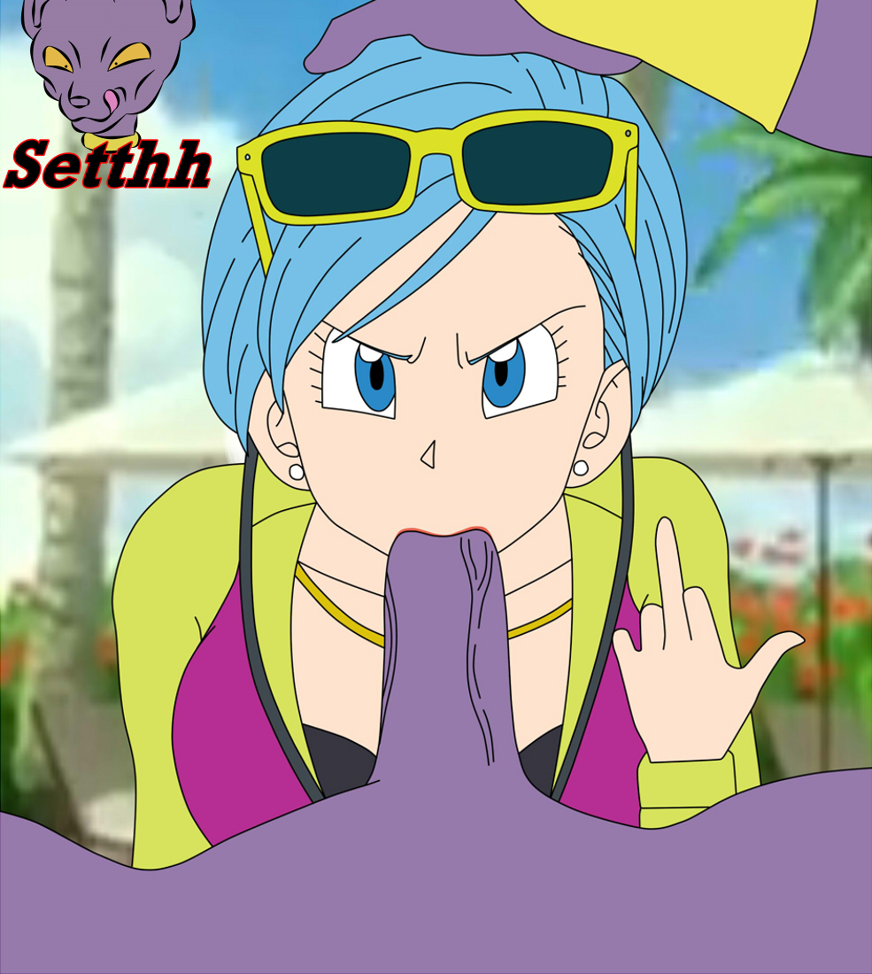 annoyed, beerus, blowjob, blue eyes, blue hair, bulma briefs, clothed, dragon ball, dragon ball super, earrings, fellatio, female, lipstick, male, middle finger, oral, setthh98