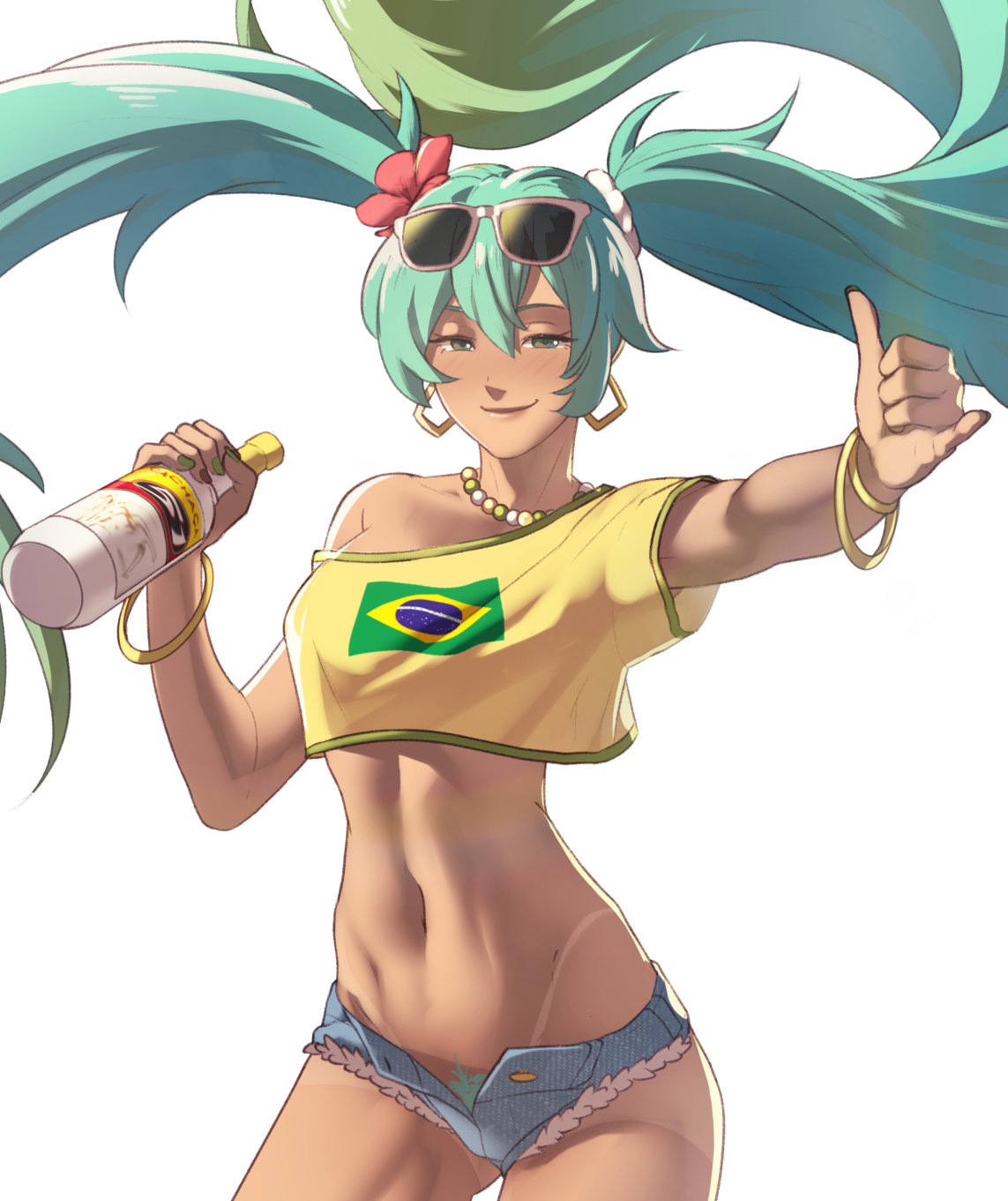 1girls alcohol alcohol_bottle alcoholic_drink aqua_hair bangle bead_choker bottle bracelet brazil brazilian brazilian_female brazilian_flag brazilian_miku cowboy_shot crop_top cutoffs dark-skinned_female dark_skin denim denim_shorts female female_only gesture grey_eyes hair_between_eyes hatsune_miku highres holding holding_bottle jewelry latin_american_hatsune_miku_(meme) long_hair looking_at_viewer micro_shorts midriff navel off-shoulder_shirt off_shoulder open_fly pomelomelon pubic_hair pubic_hair_peek shirt short_sleeves shorts simple_background single_bare_shoulder smile solo standing stomach tanline tequila twintails very_long_hair vocaloid white_background yellow_shirt