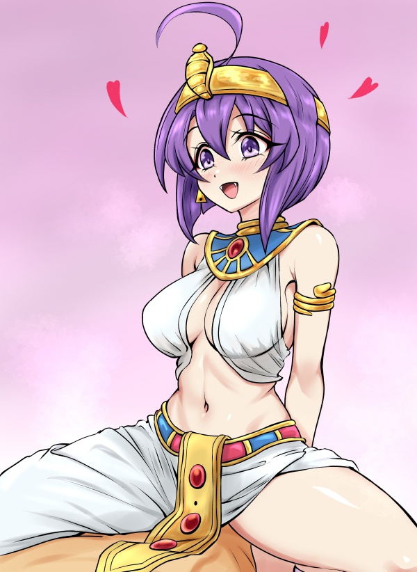 1boy ahoge blush breasts cleavage commentary cowgirl_position earrings egyptian_clothes fangs female implied_sex jashin-chan_dropkick jewelry large_breasts medusa_(jashin-chan_dropkick) navel open_mouth pink_background purple_eyes purple_hair shendyt simple_background smile straight uraeus usekh_collar user_sfct5282