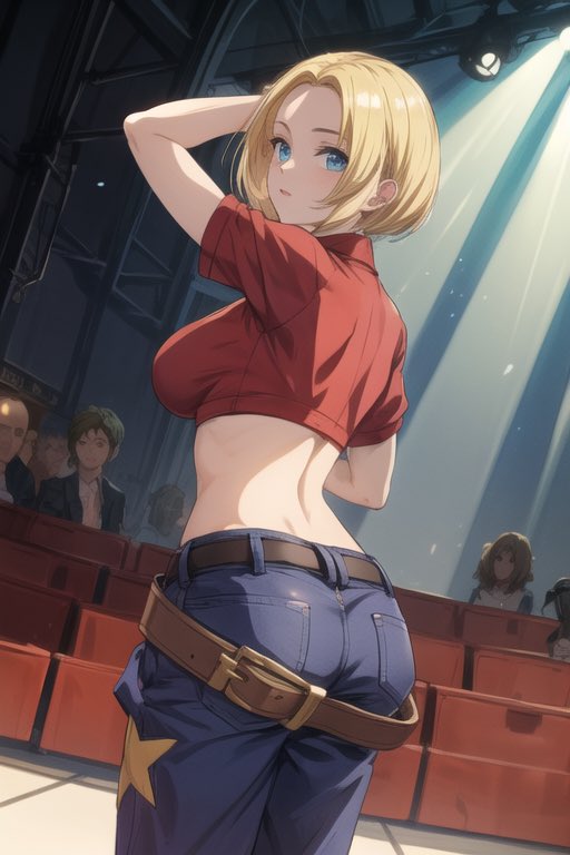 1girls ai_generated ai_generated_abomination belt blonde_hair blue_eyes blue_mary clothed female from_behind hand_on_head jeans king_of_fighters light_skin looking_back medium_breasts pants red_shirt shirt short_hair star