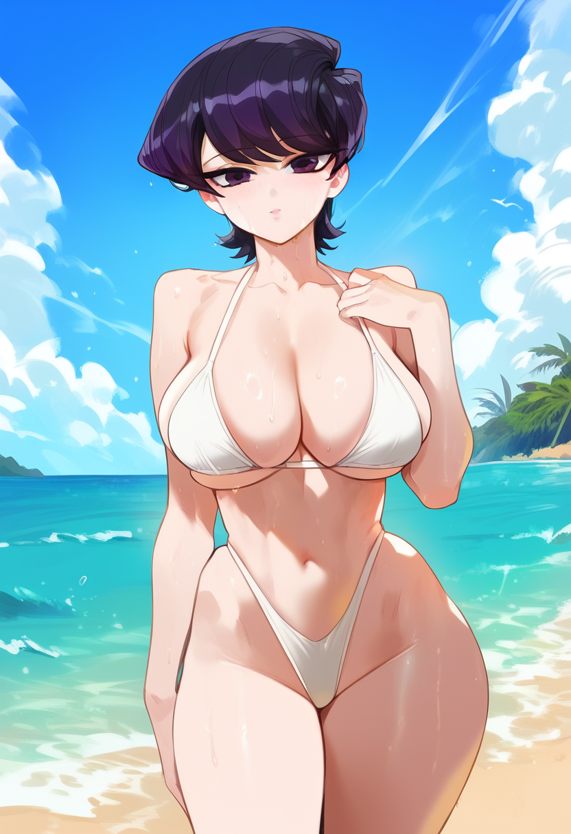 2d ai_generated beach big_breasts bikini black_hair female female_focus female_only highleg highleg_bikini komi-san_wa_komyushou_desu komi_shuuko outdoors purple_eyes short_hair solo solo_female solo_focus tagme white_bikini