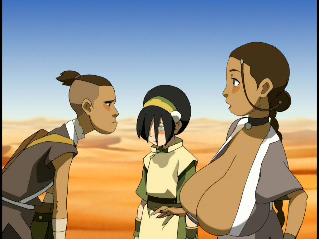 1boy 2girls alternate_breast_size avatar_legends avatar_the_last_airbender brother_and_sister desert earth_kingdom female huge_breasts human inuit katara large_breasts long_hair male multiple_girls screencap screenshot screenshot_edit sokka toph_bei_fong water_tribe