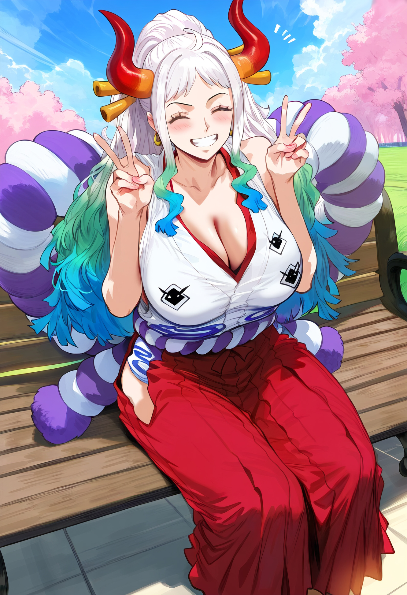 1girls, ai generated, big breasts, blush, blushing, breasts, female, female only, hakama, hakama skirt, himeno, hoop earrings, horns, huge breasts, kimono, large breasts, light skin, light-skinned female, one piece, peace sign, sitting, snowbunny, solo, solo female, solo focus, two-tone hair, white hair, white-haired female, yamato (one piece)