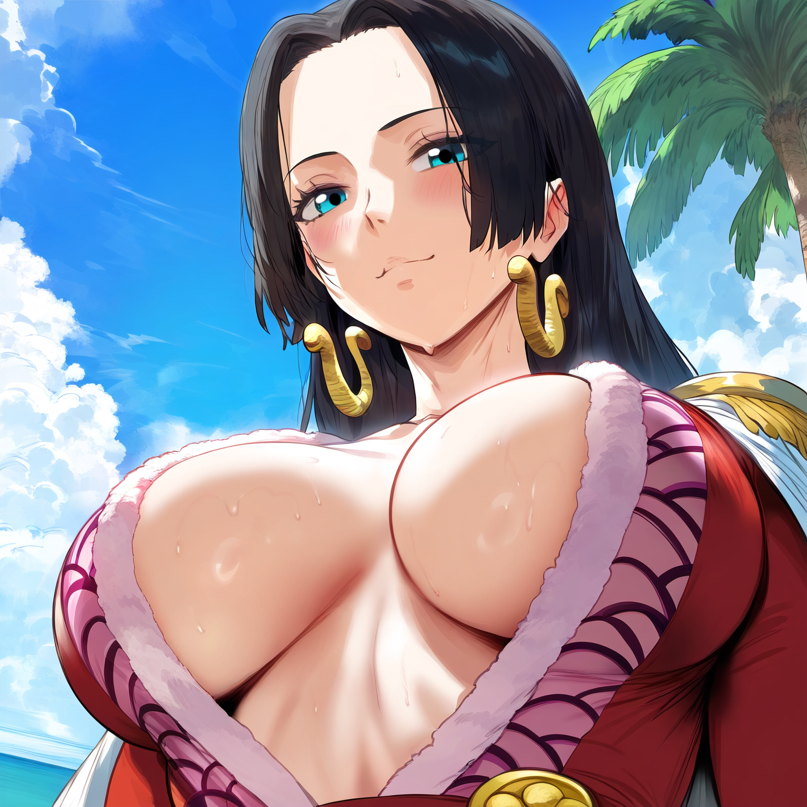 1girls, ai generated, big breasts, black hair, black-haired female, blue eyes, blush, blushing, boa hancock, breasts, female, female only, himeno, huge breasts, light skin, light-skinned female, one piece, snowbunny, solo, solo female, solo focus, sweat, sweaty, sweaty breasts