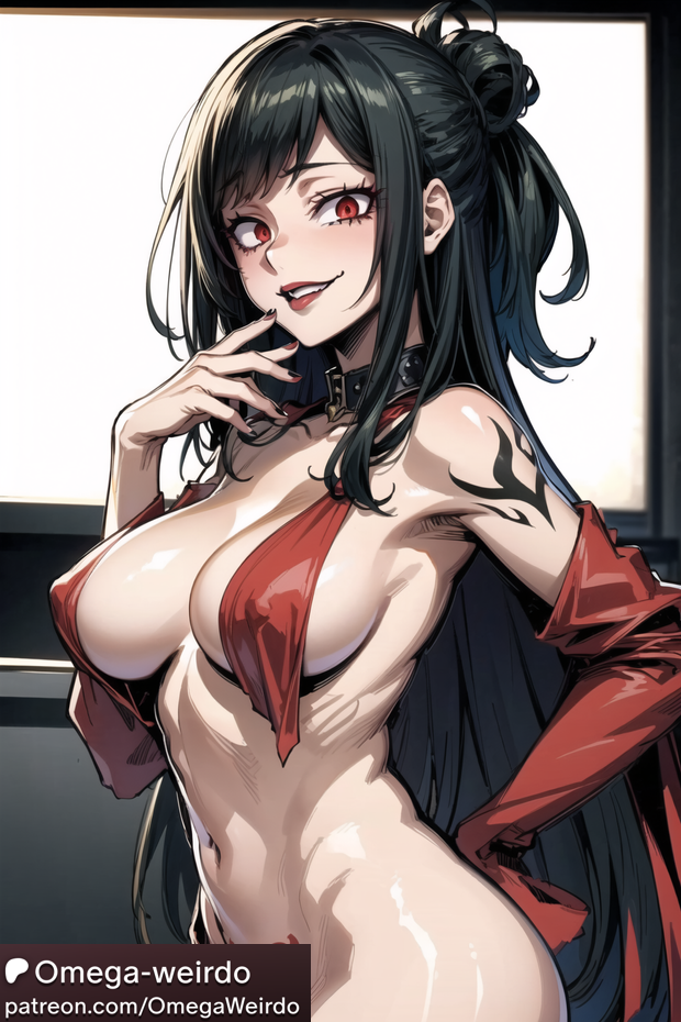 ai_generated big_breasts black_hair boku_no_hero_academia choker evil evil_grin evil_smile female half_naked hand_on_hip inko_midoriya looking_at_viewer milf my_hero_academia omega-weirdo painted_nails patreon ponytail red_eyes red_gloves tattoo villainess