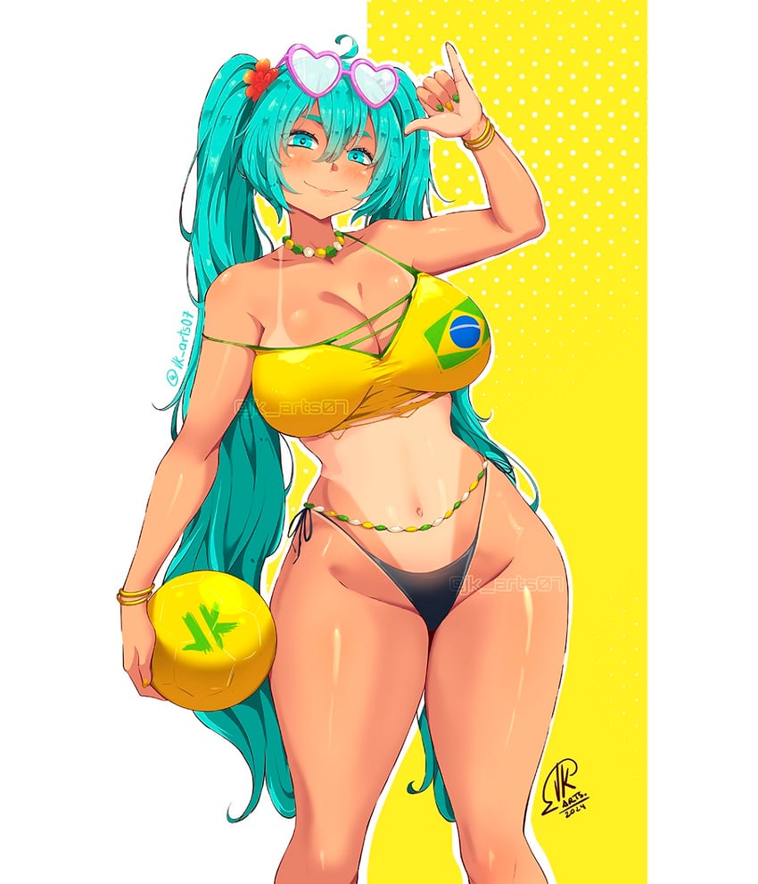 1girls artist_name artist_signature athletic_female bare_legs bikini bikini_top blue_eyes blue_hair brazil brazilian brazilian_female brazilian_flag brazilian_miku flower_in_hair gigantic_breasts hatsune_miku huge_breasts huge_thighs jk_arts07 latin_american_hatsune_miku_(meme) long_hair looking_at_viewer massive_breasts smiling solo_female squatting sunglasses sunglasses_on_head sweat sweatdrop tan-skinned_female tan_body tanned_female tanned_skin thick_thighs thighs twintails very_long_hair vocaloid voluptuous voluptuous_female