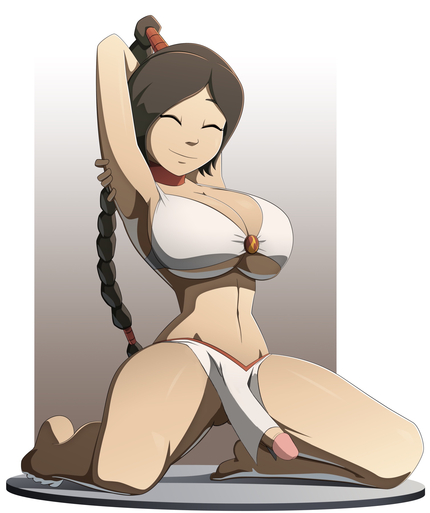 1futa, alternate breast size, armpit, arms behind head, avatar the last airbender, barefoot, big breasts, bikini, breasts, brown hair, cleavage, closed eyes, dickgirl, edit, futa only, futanari, happy, hourglass figure, human, intersex, kneeling, large breasts, long hair, midriff, penis, pink choker, pinup, ravenravenraven, smile, solo, stretching, swimsuit, thick thighs, thin waist, ty lee, underboob, white swimsuit