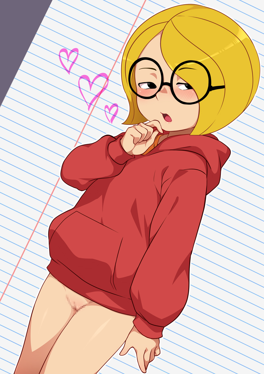 black_eyes blonde_hair blush bottomless dutch_angle female glasses hair_over_one_eye half-closed_eyes hand_on_own_chin harriet_m._welsch harriet_the_spy heart highres hood hoodie jcm2 looking_at_viewer open_mouth pussy red_hoodie short_hair standing