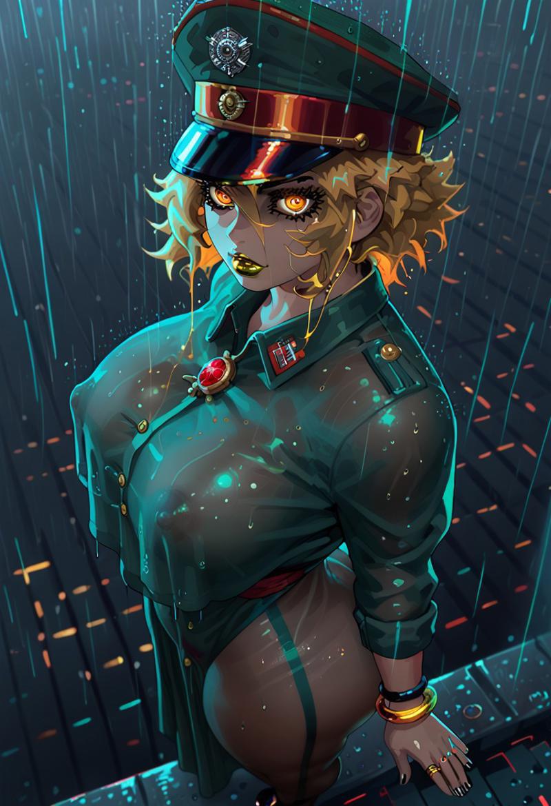 1girls ai_generated blonde_hair breasts female female_only gold_lipstick military_uniform nikolgreen raining see-through_clothing stable_diffusion tanya_degurechaff yellow_eyes